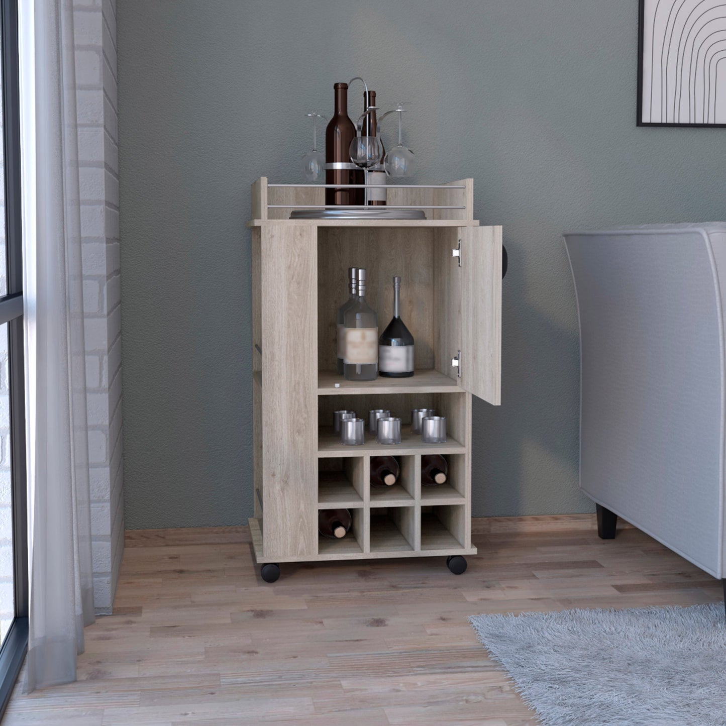 Light oak rolling bar cart with wine rack and glassware storage