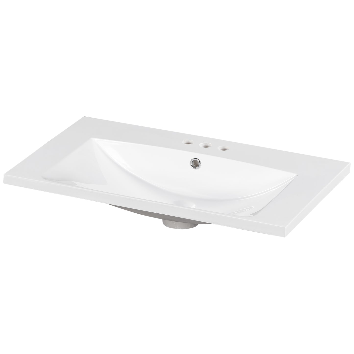 White ceramic undermount bathroom sink with three faucet holes