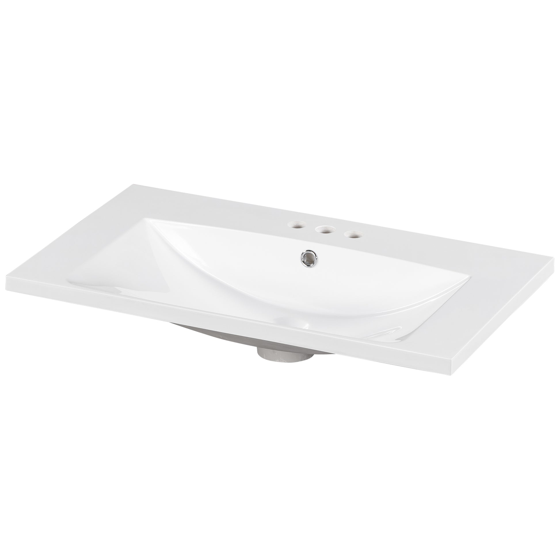 White ceramic undermount bathroom sink with three faucet holes
