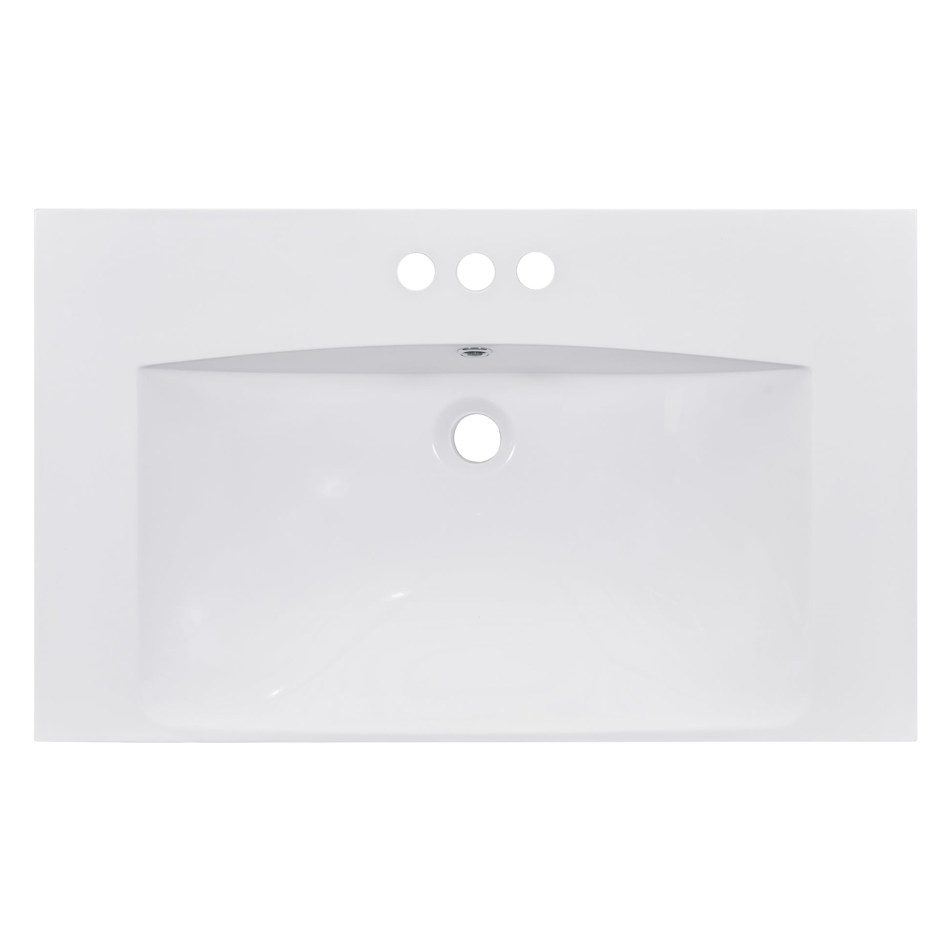 White ceramic bathroom sink with three faucet holes and a central drain
