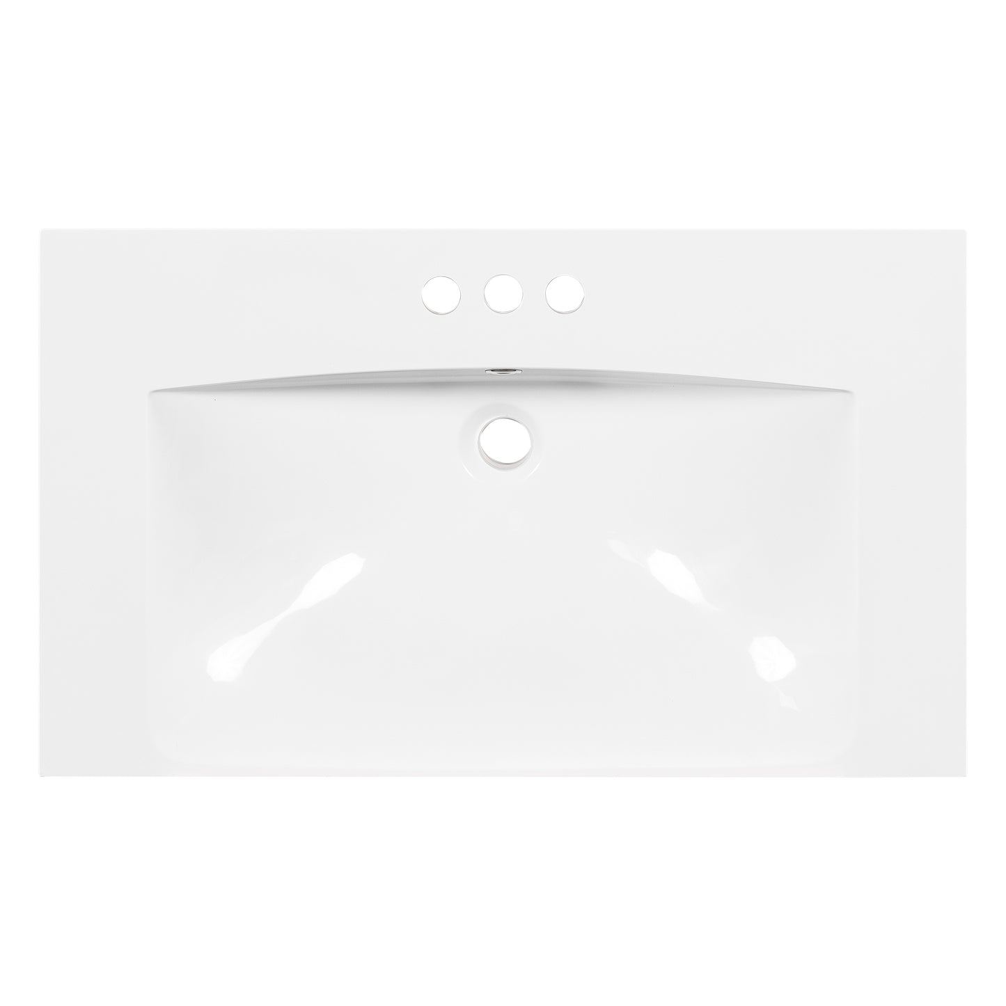 White porcelain sink basin with three faucet holes and a central drain opening