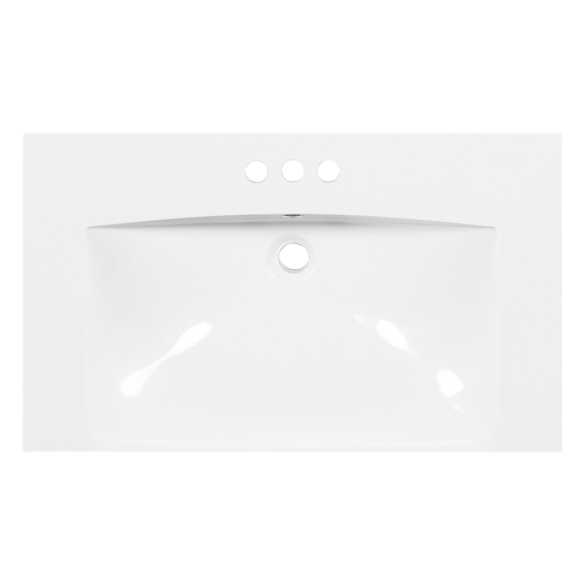 White porcelain sink basin with three faucet holes and a central drain opening