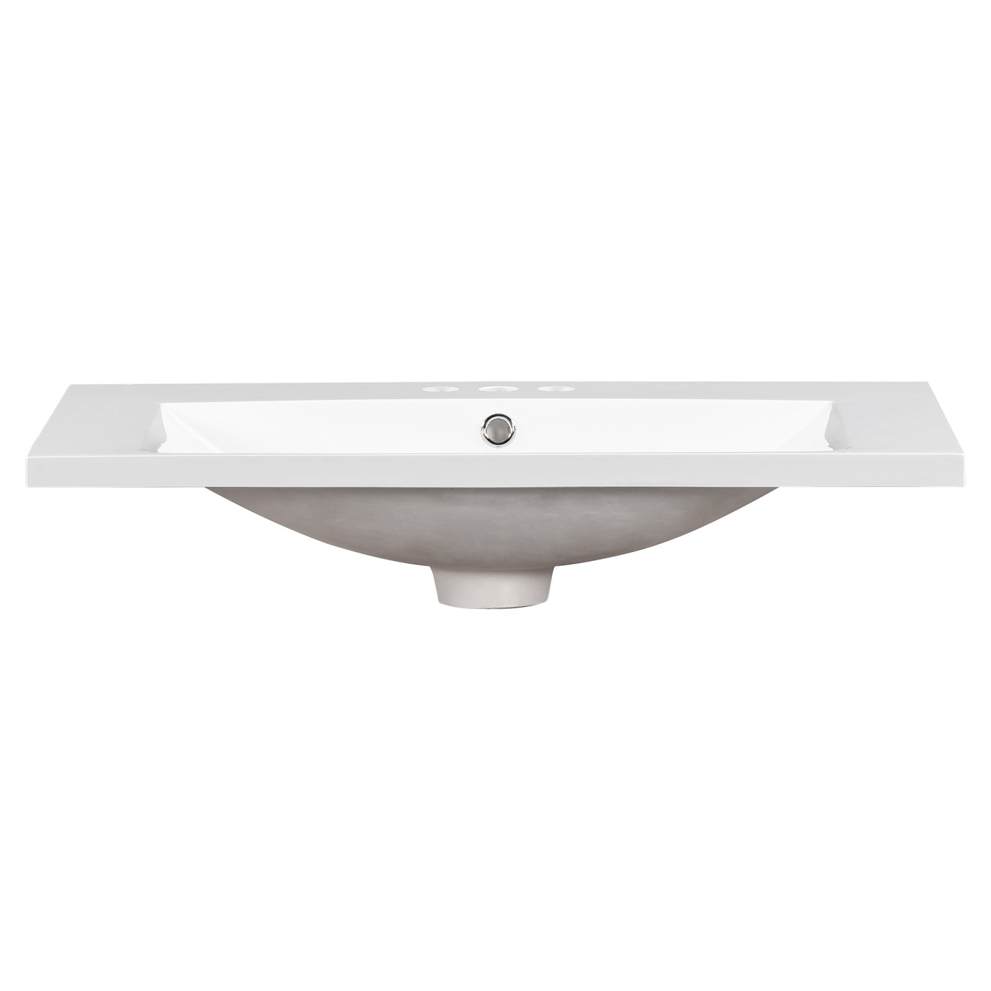 White ceramic bathroom sink with a single chrome faucet hole and integrated countertop