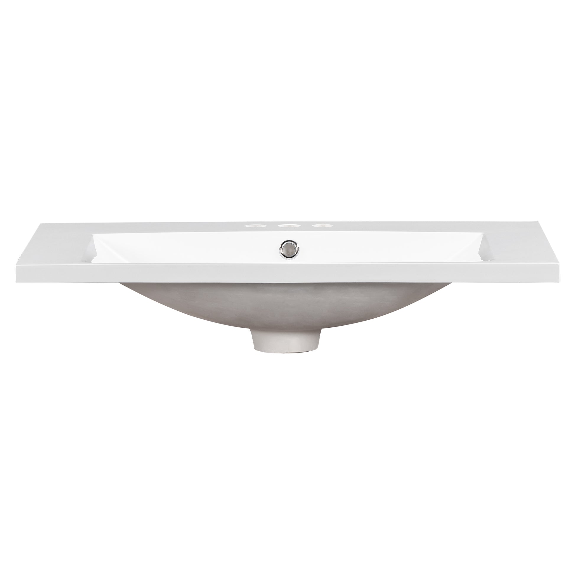 White ceramic bathroom sink with a single chrome faucet hole and integrated countertop