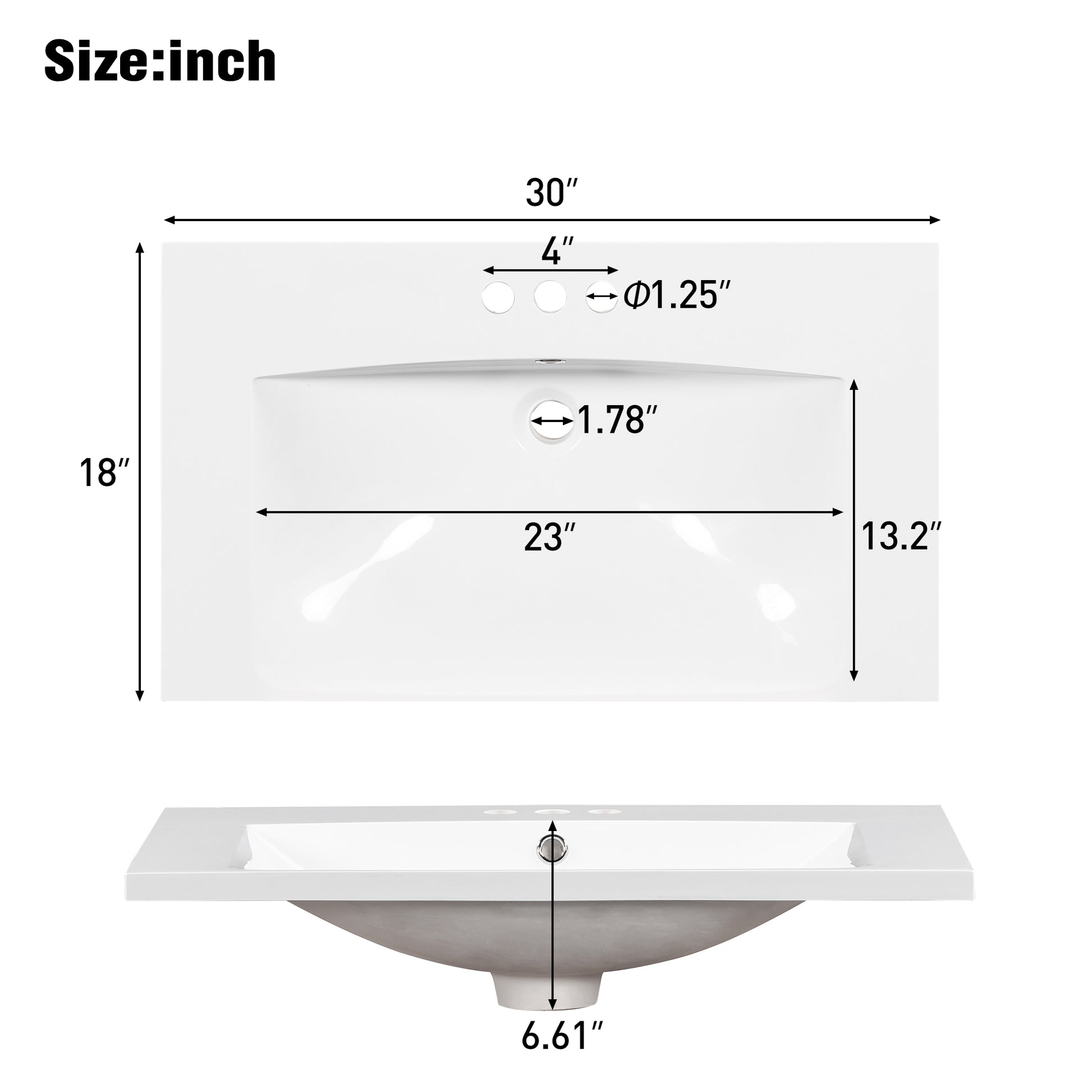 inch white rectangular vanity top with integrated sink and faucet holes