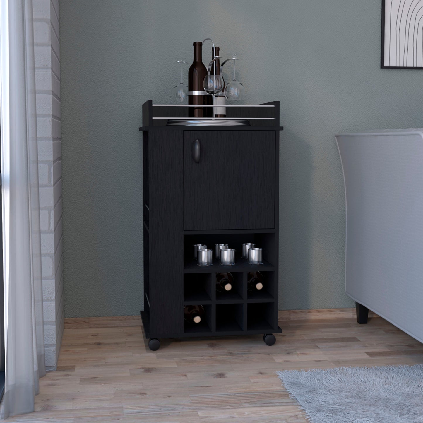 Black modern bar cart with wine rack