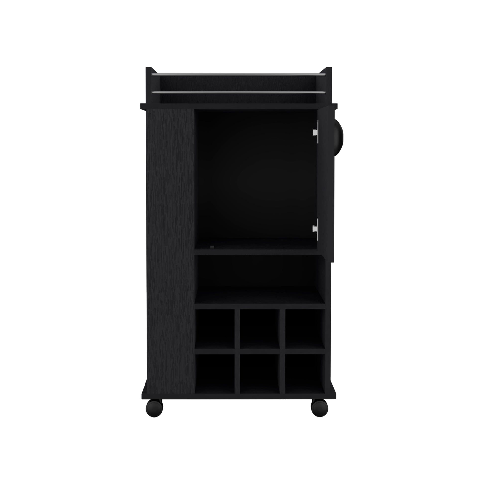 Black modern bar cart with wine rack and single door