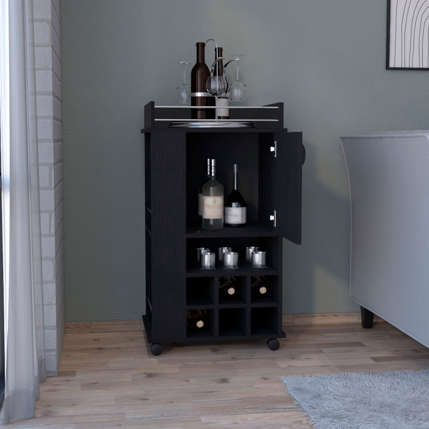 Black rolling bar cart with wine rack and cabinets