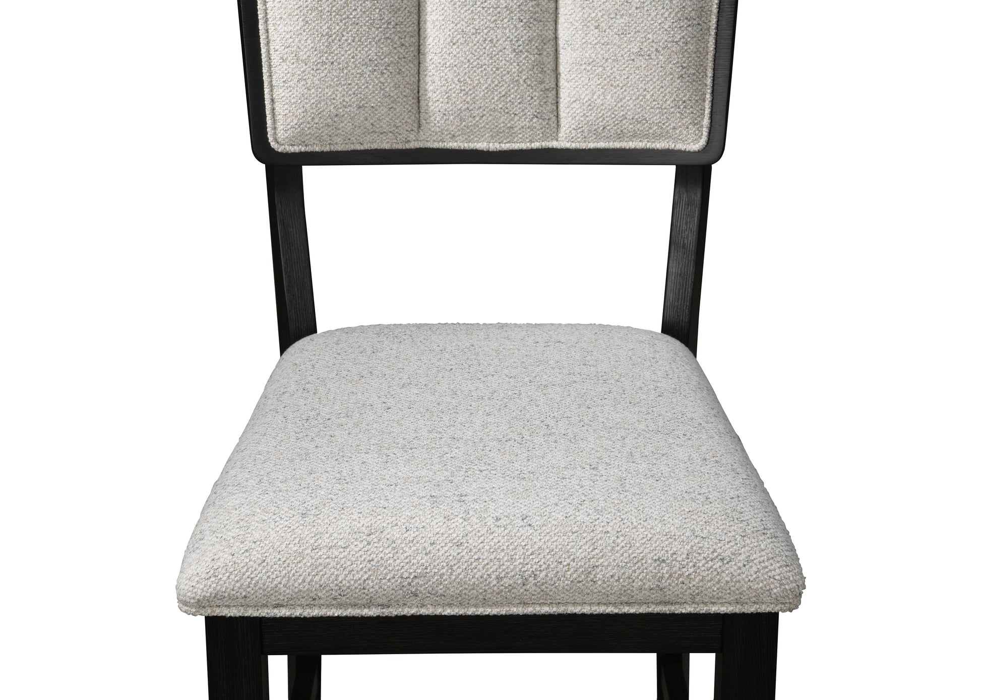 Upholstered dining chair with textured light gray fabric seat and padded back