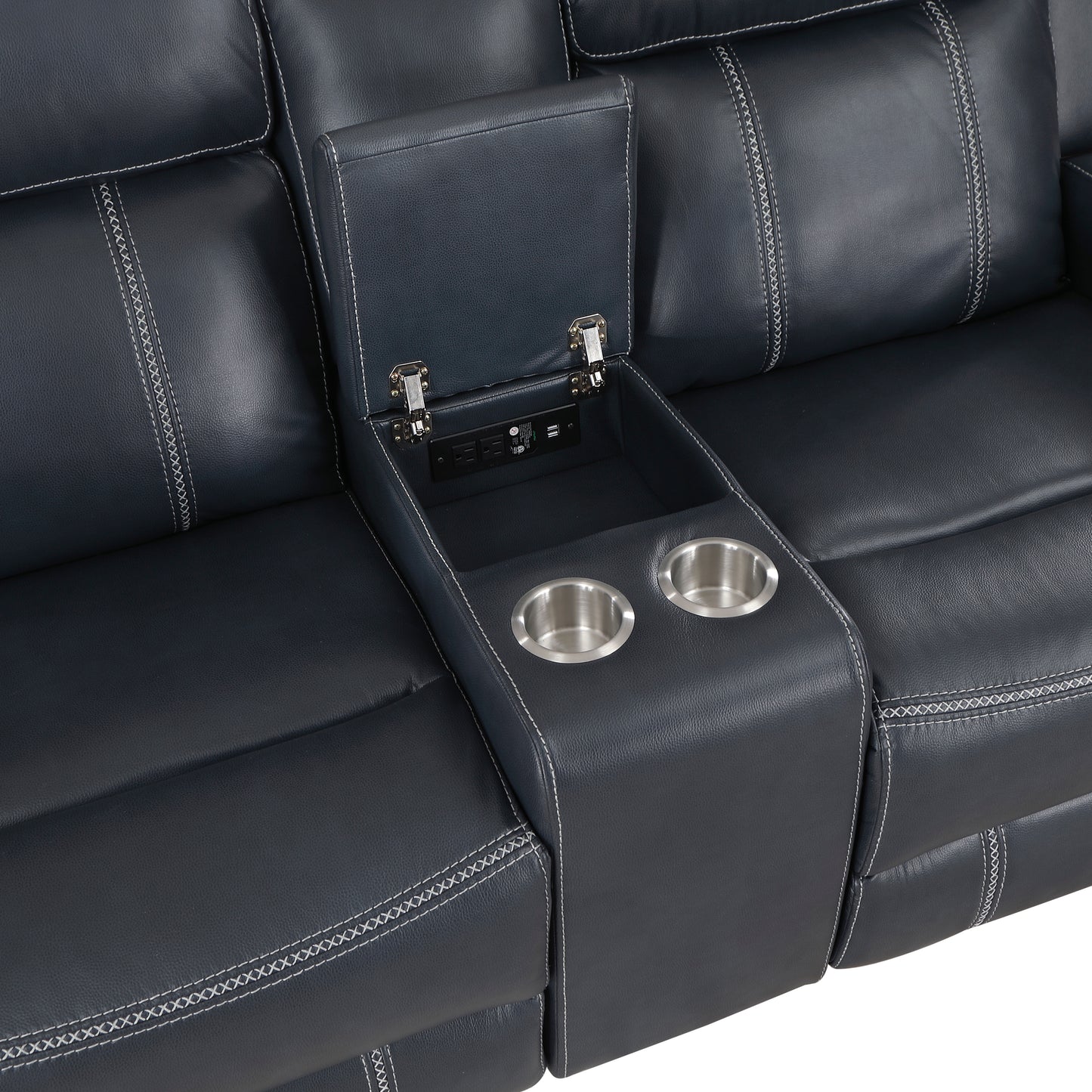 Dark gray leather recliner sofa with builtin console cup holders and USB charging ports