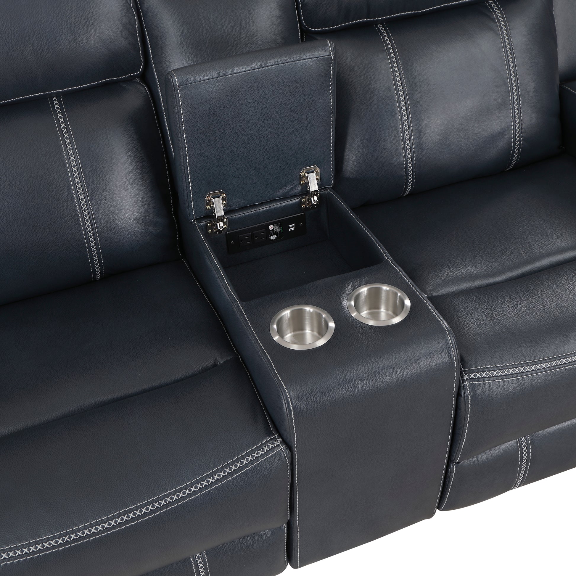 Dark gray leather recliner sofa with builtin console cup holders and USB charging ports