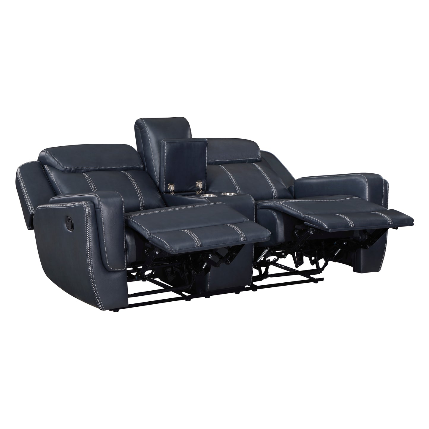 Navy blue leather reclining loveseat with white contrast stitching and cup holders