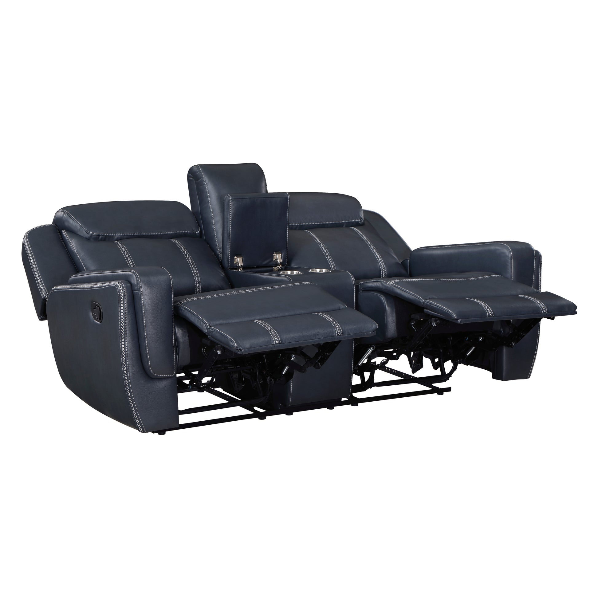 Navy blue leather reclining loveseat with white contrast stitching and cup holders