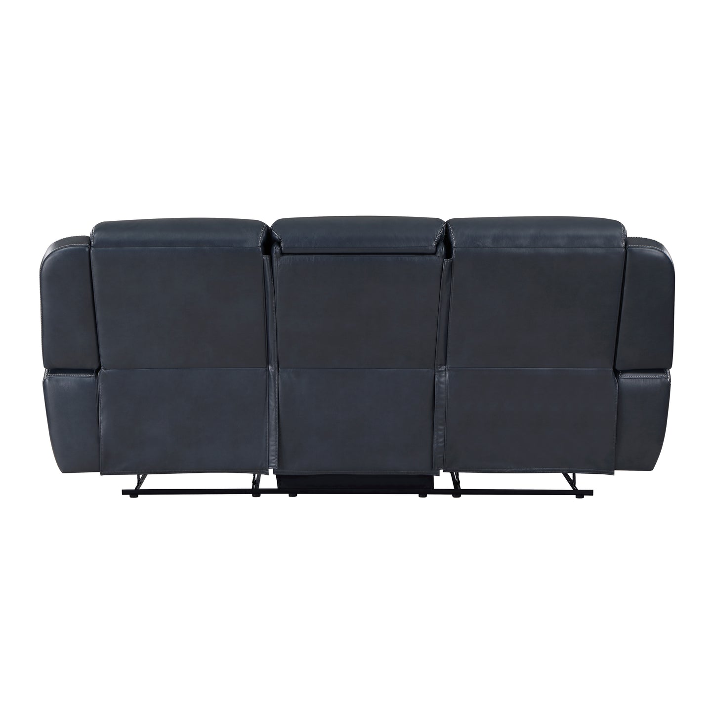 Dark gray leather threeseater reclining sofa back view featuring stitched details