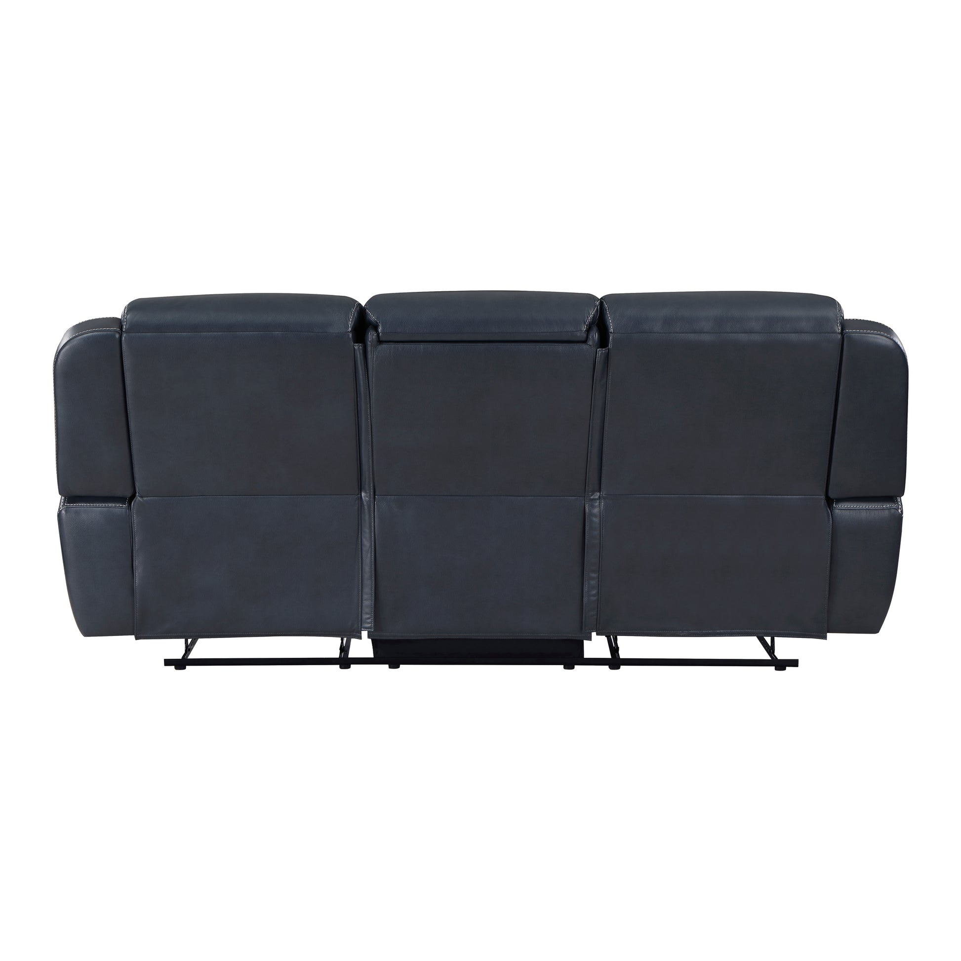Dark gray leather threeseater reclining sofa back view featuring stitched details