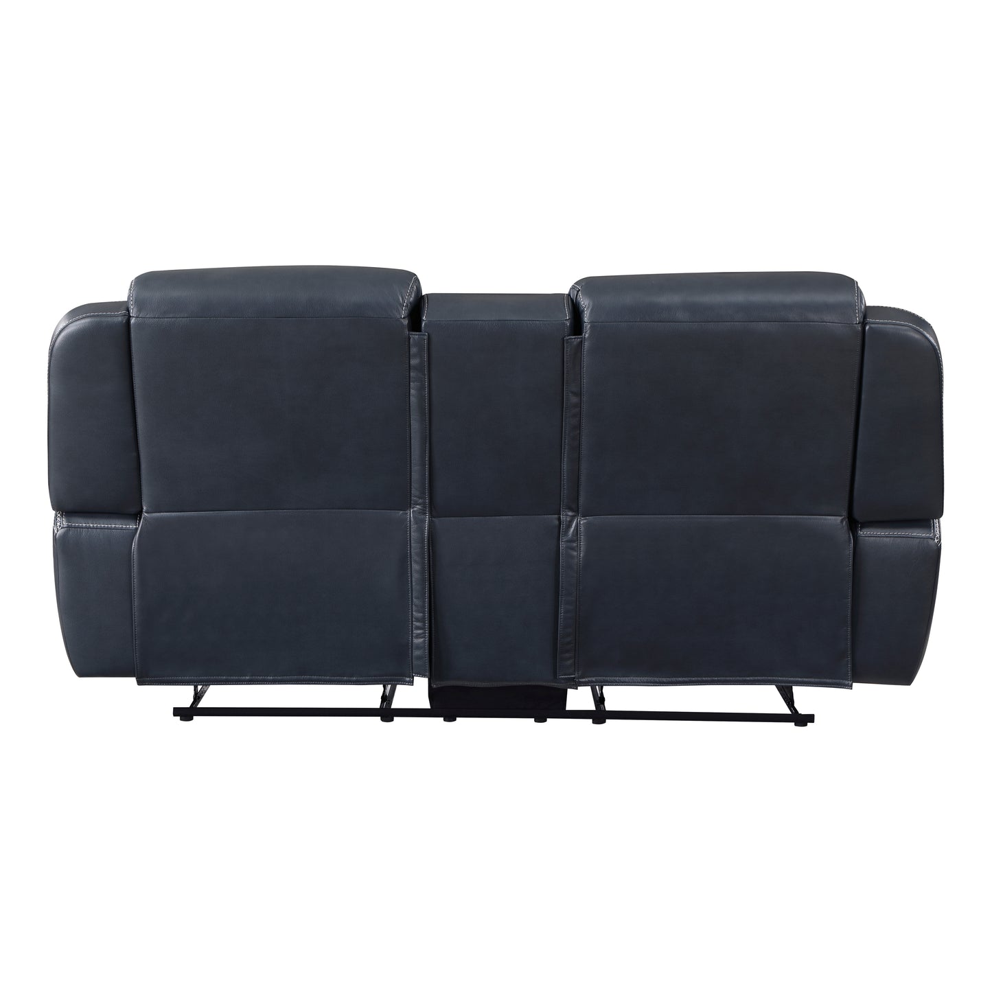 Back view of a dark gray upholstered threeseater reclining sofa with white stitching