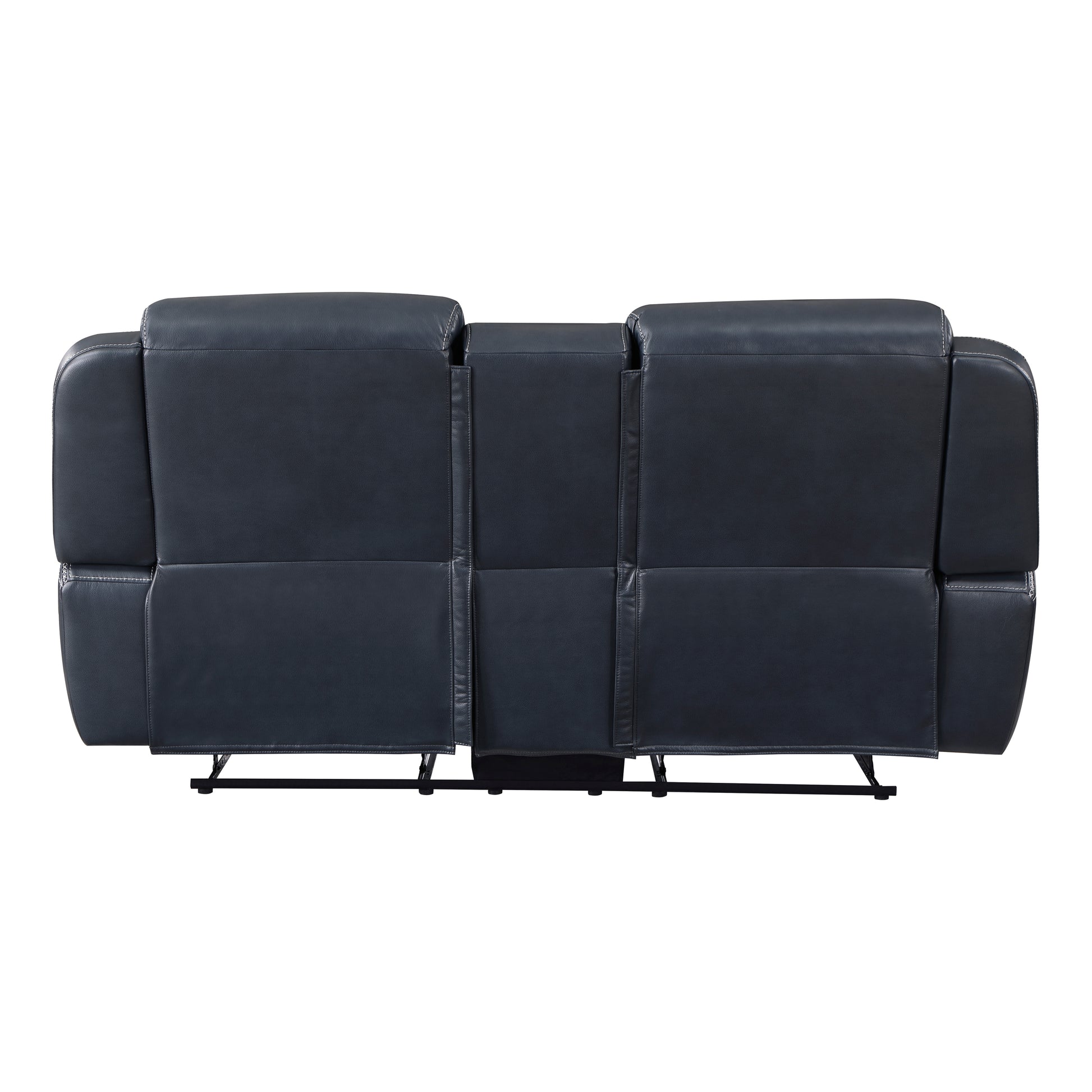 Back view of a dark gray upholstered threeseater reclining sofa with white stitching