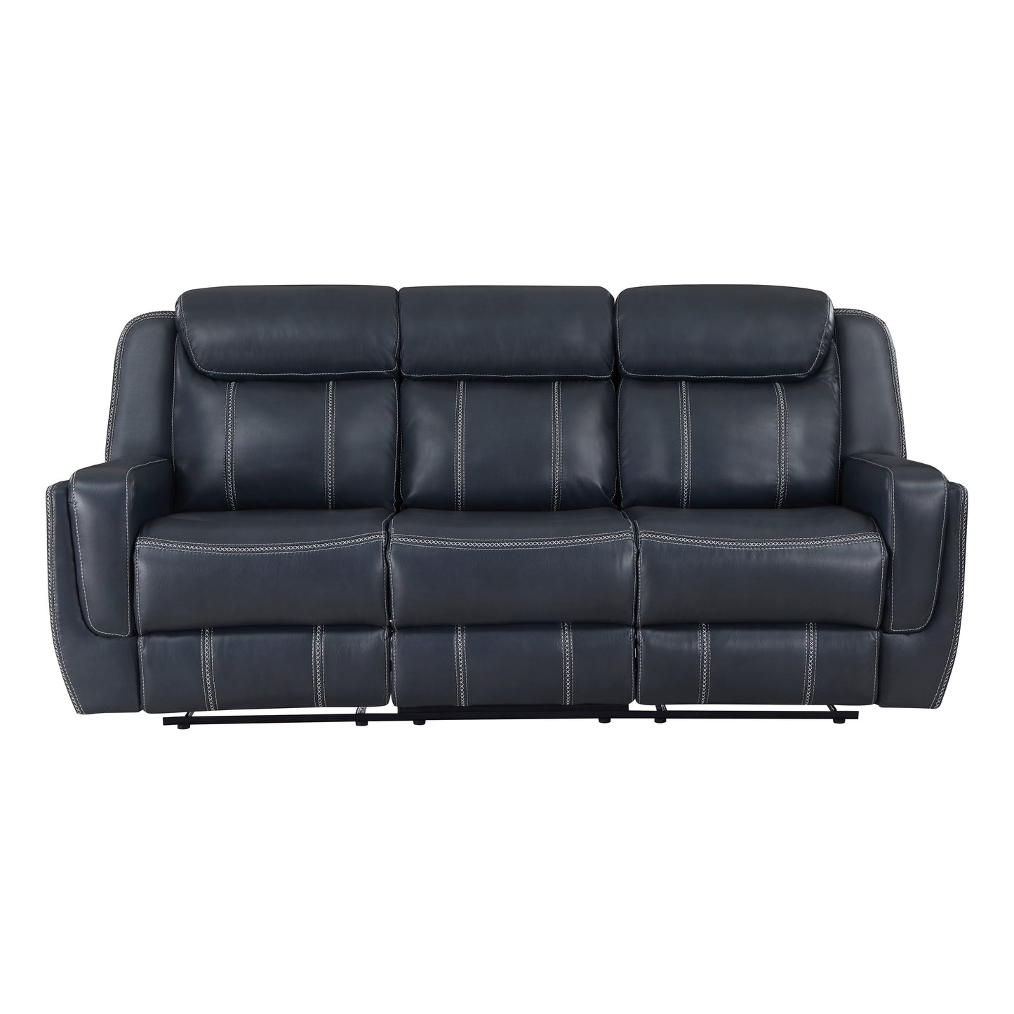Dark blue leather threeseater recliner sofa with white stitching
