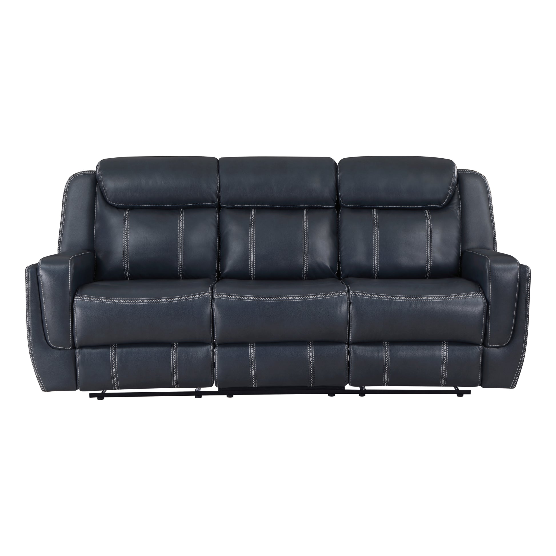 Dark blue leather threeseater recliner sofa with white stitching