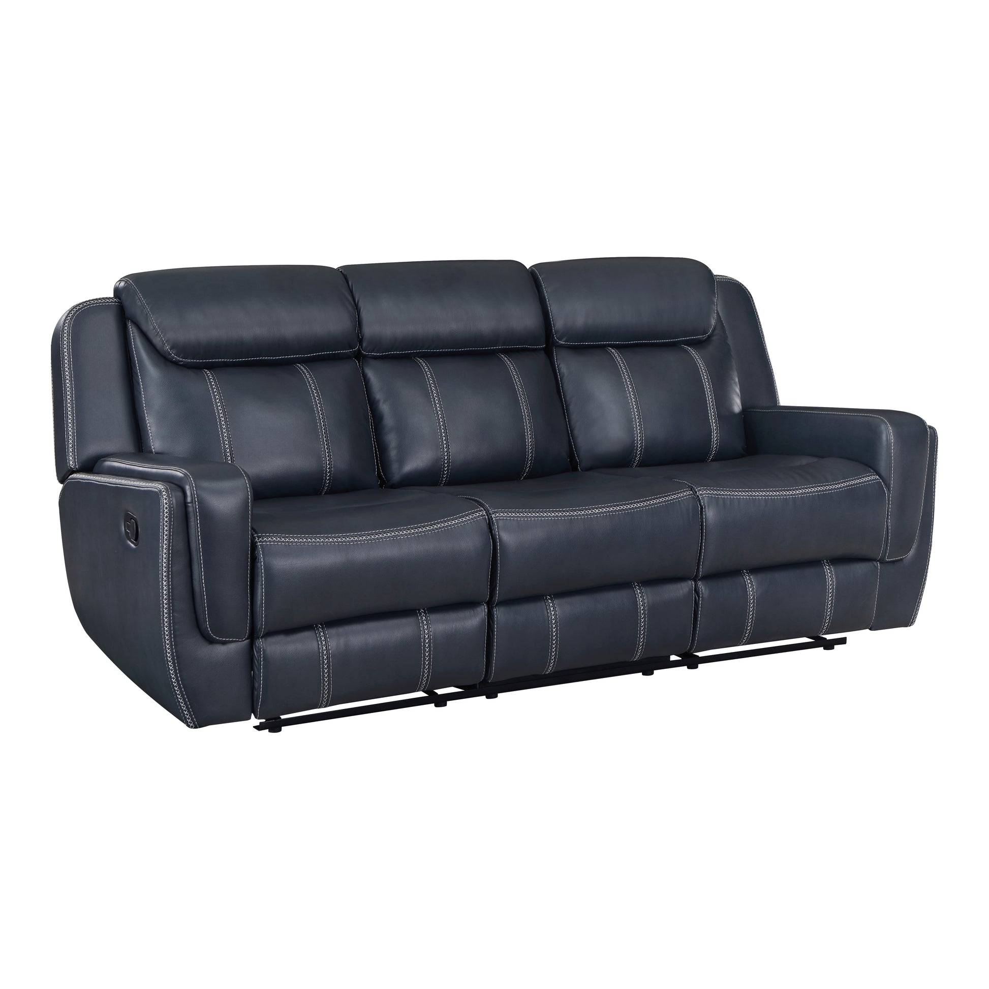Dark blue leather recliner sofa with white contrast stitching and plush headrests