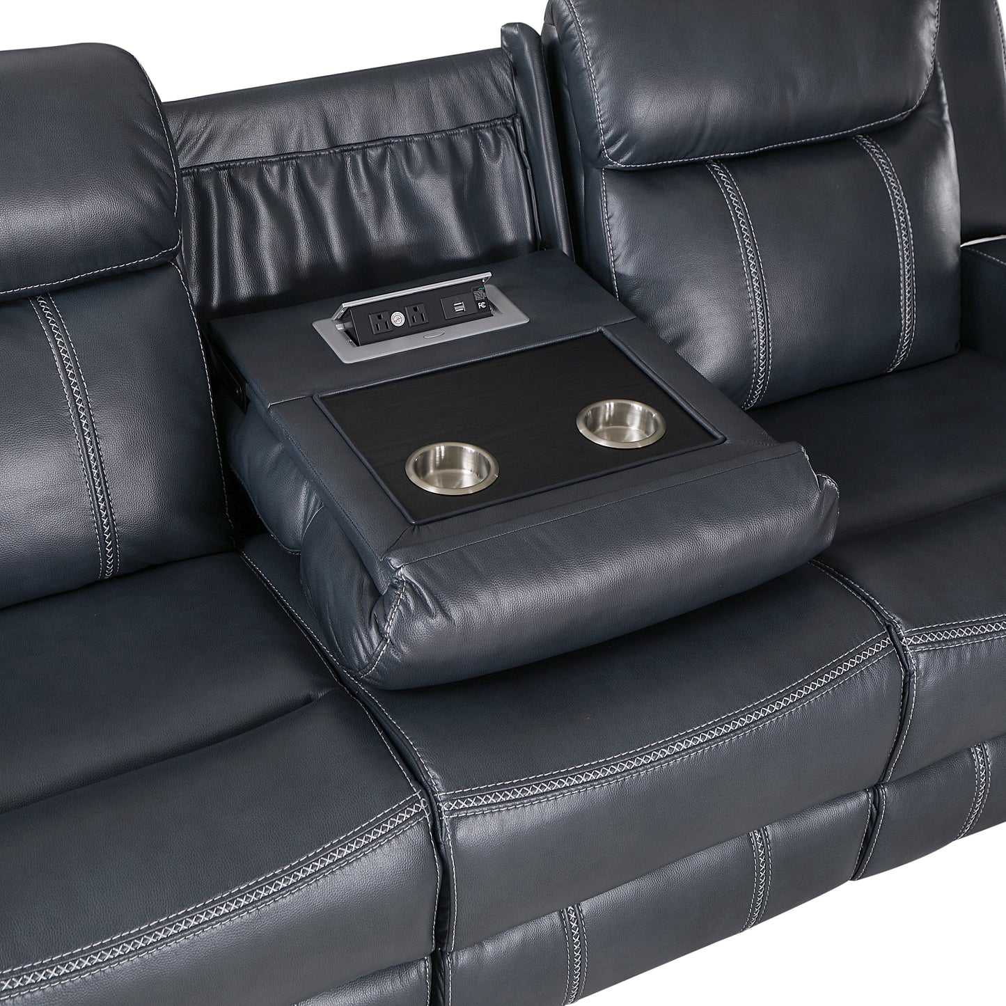 Dark gray reclining sofa with center console USB ports and cupholders