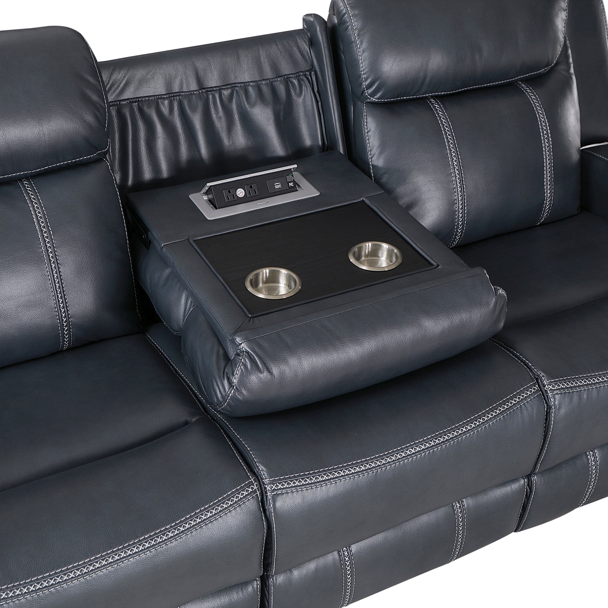 Dark gray reclining sofa with center console USB ports and cupholders