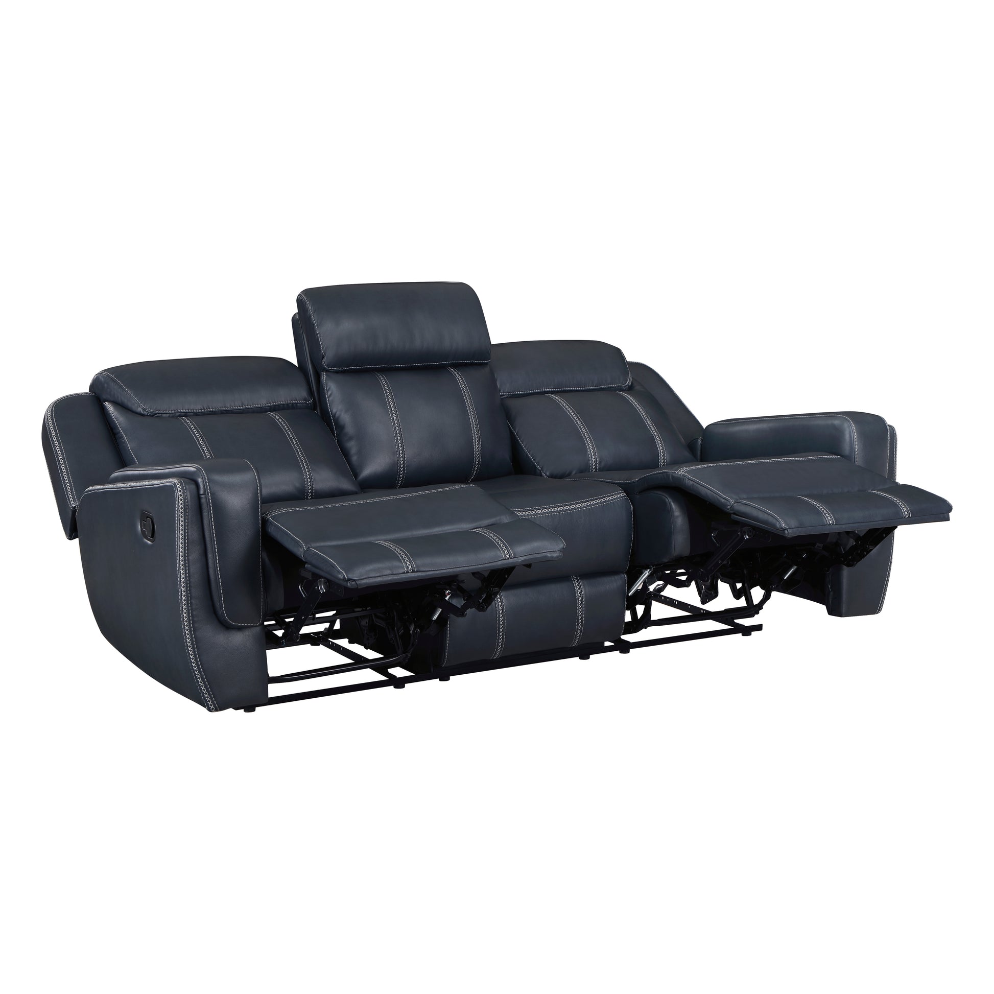 Dark navy blue leather threeseater reclining sofa with white contrast stitching