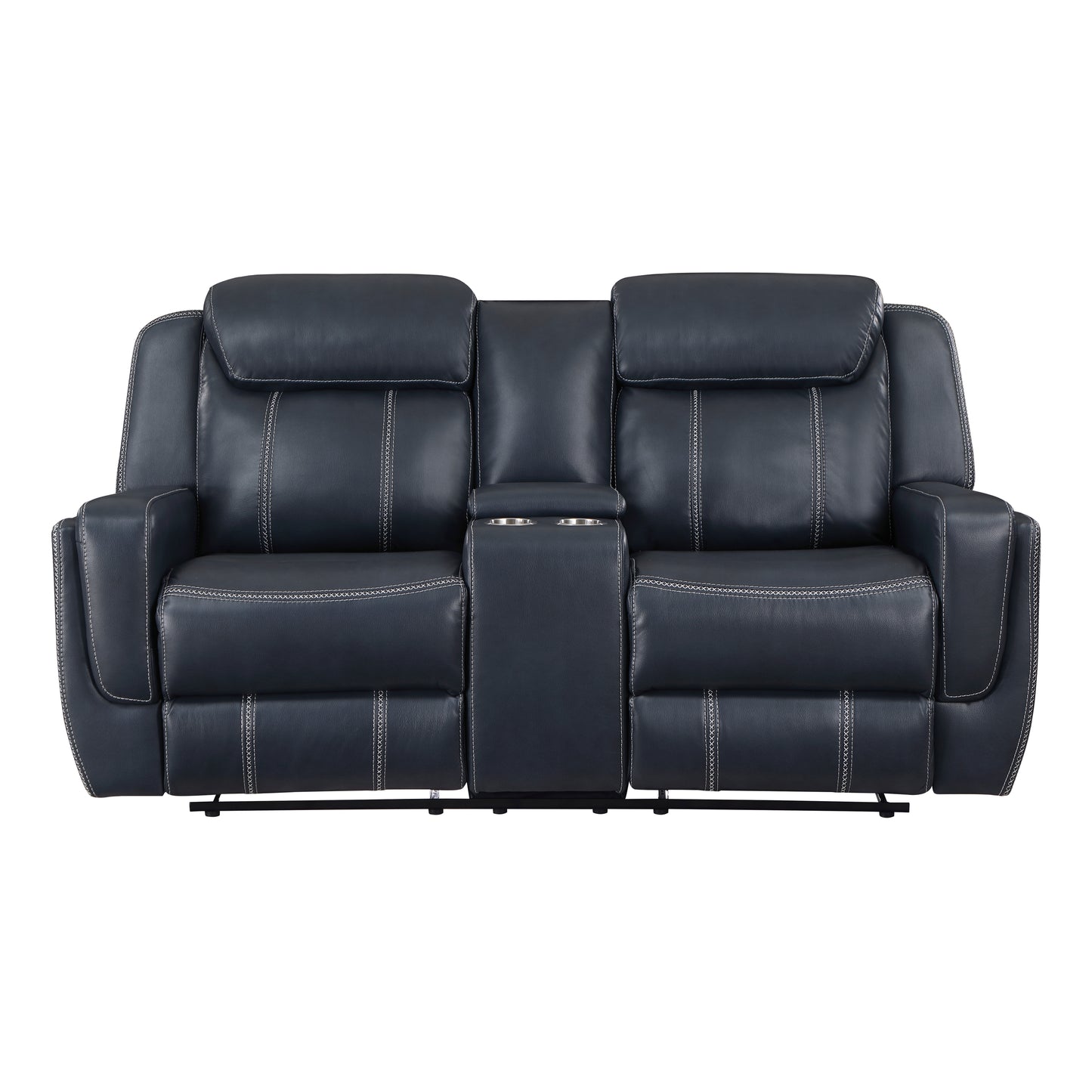 Dark blue leather recliner loveseat with center console and cup holders