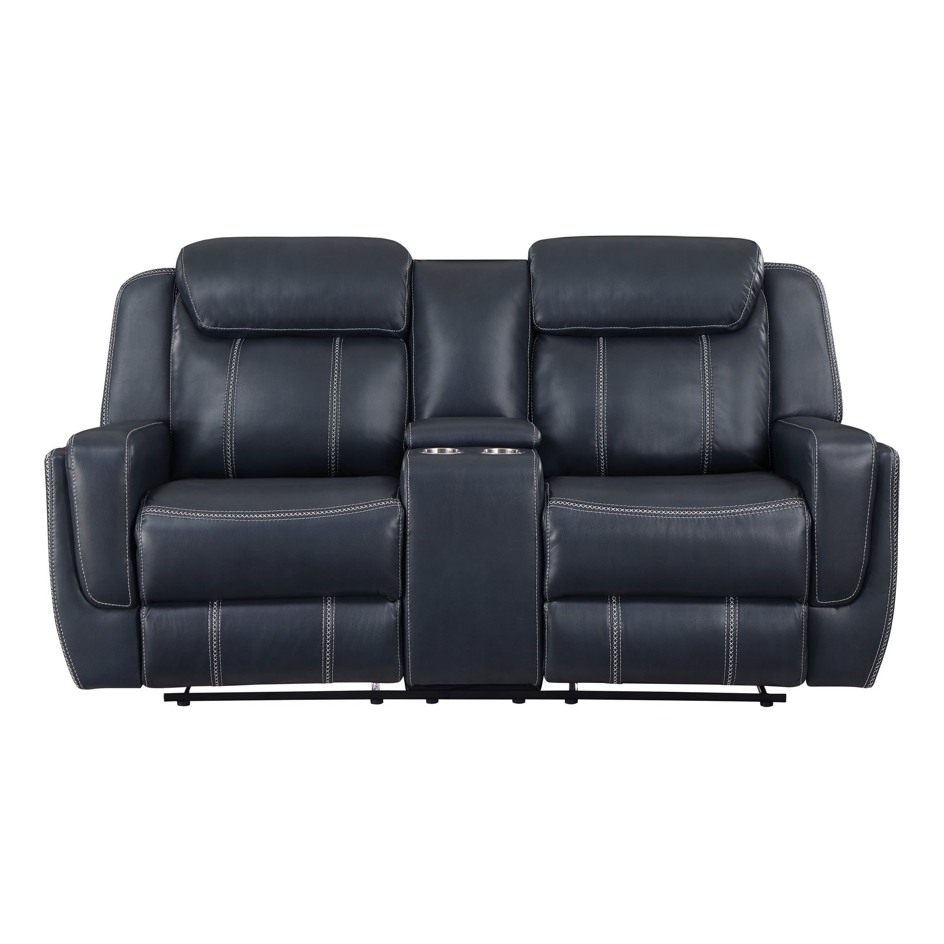 Dark blue leather recliner loveseat with center console and cup holders