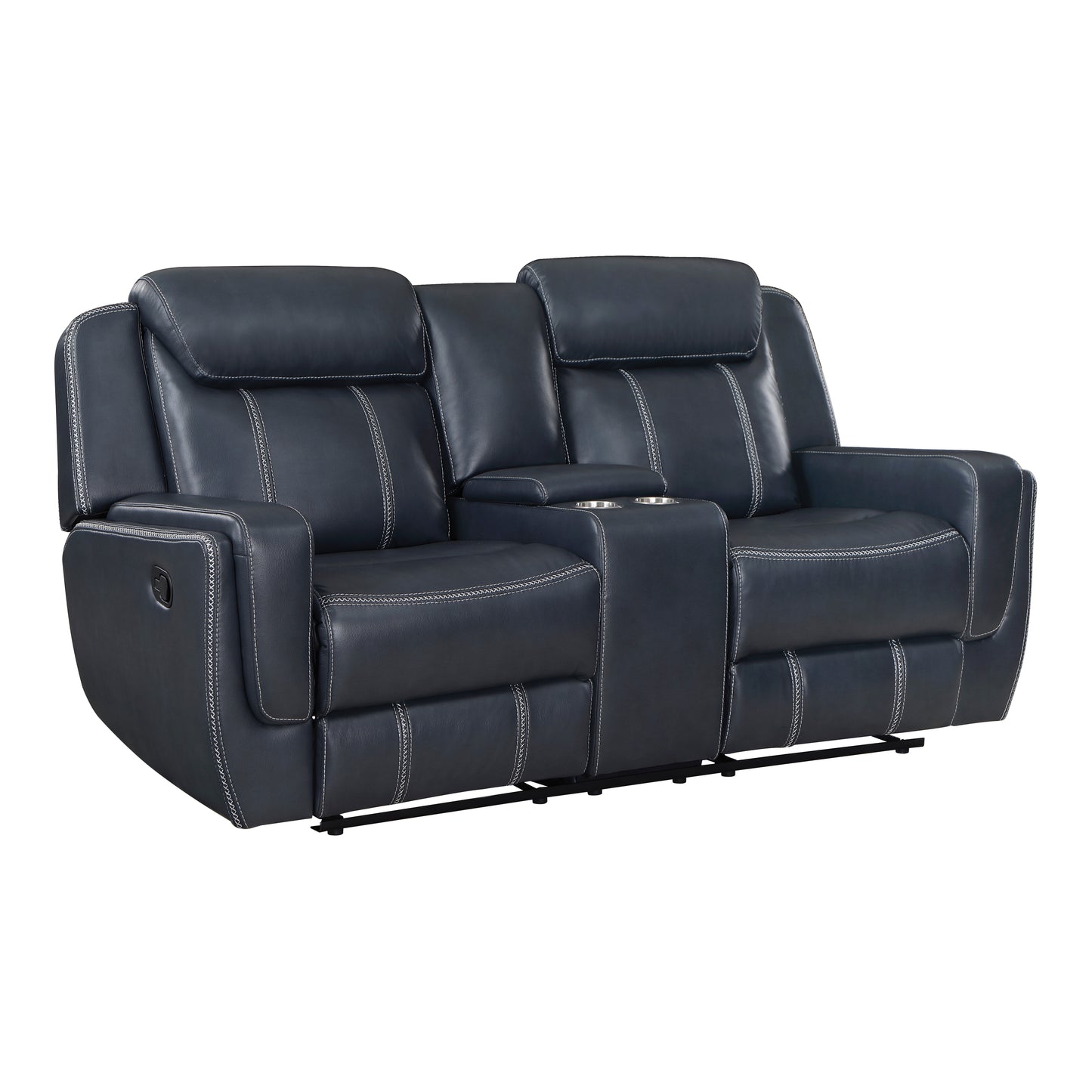 Dark navy leather loveseat recliner with white stitching and dual cup holders
