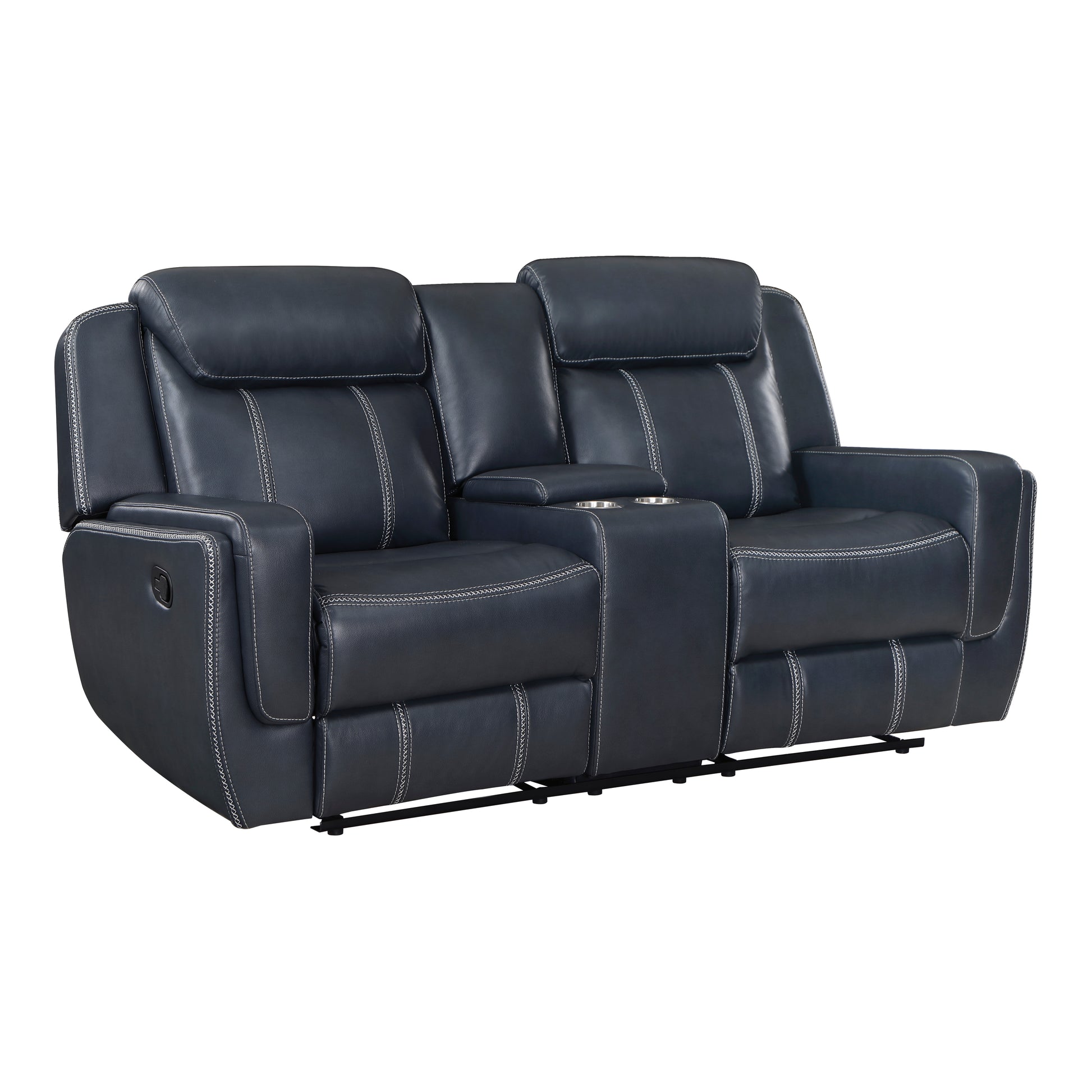 Dark navy leather loveseat recliner with white stitching and dual cup holders