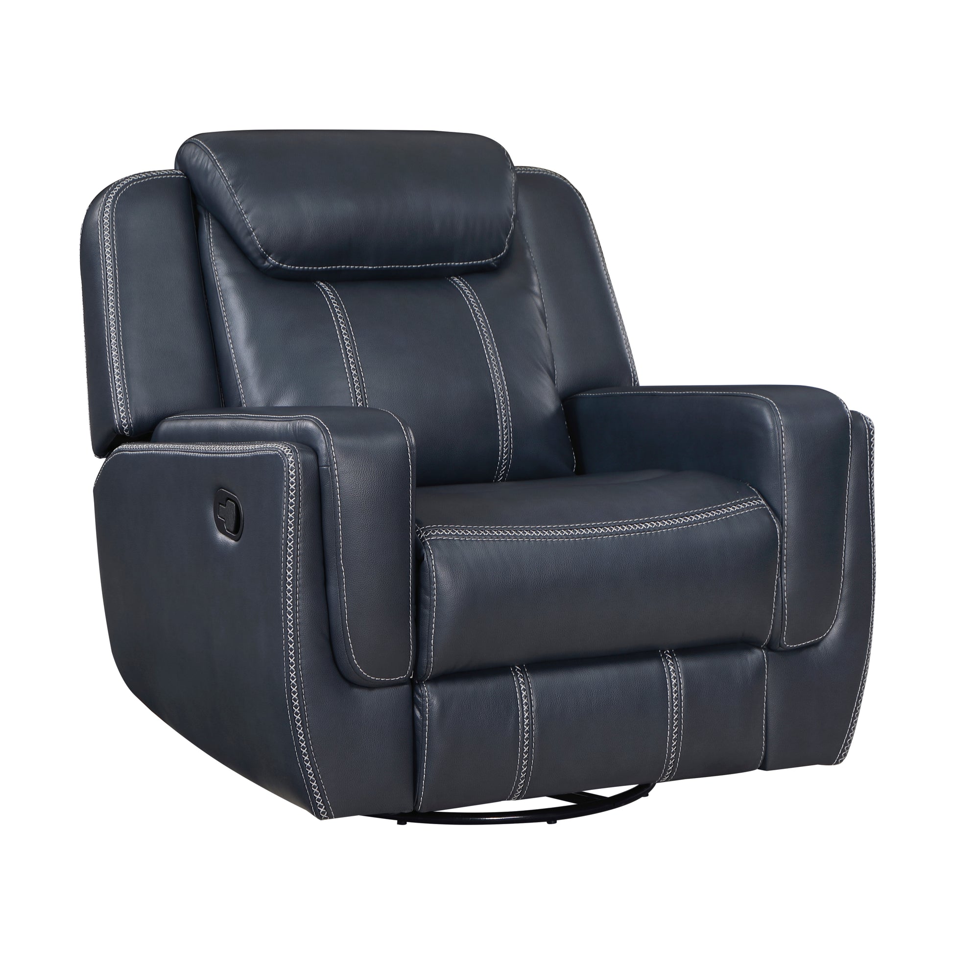 Dark navy blue leather recliner chair with white contrast stitching