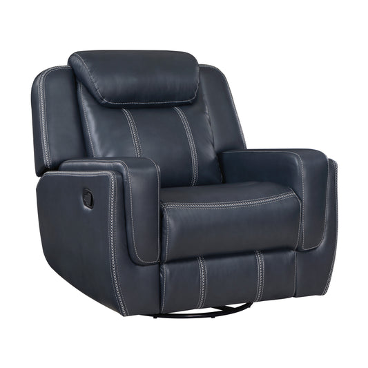 Dark navy blue leather recliner chair with white contrast stitching