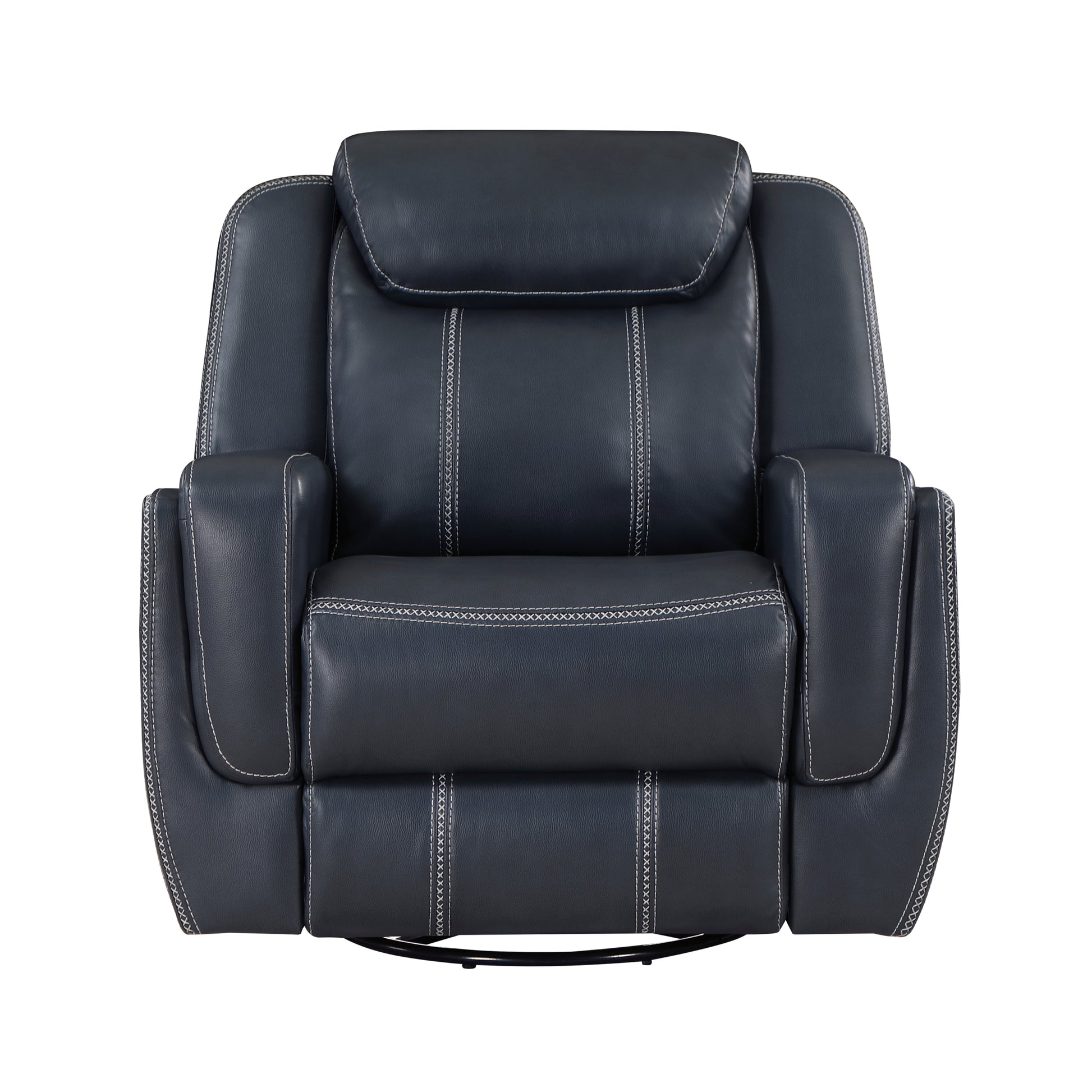 Dark gray leather recliner with white stitching detail