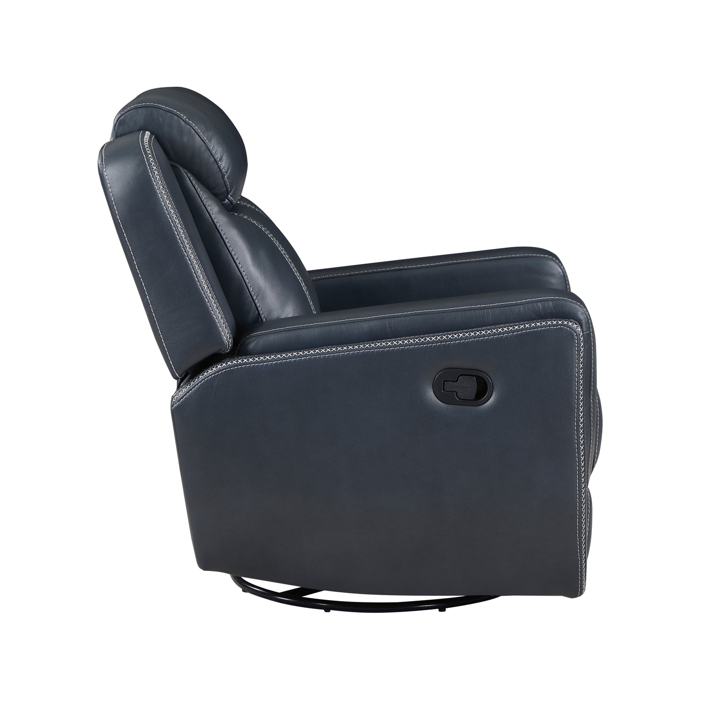 Dark gray recliner chair with white stitching and metal base