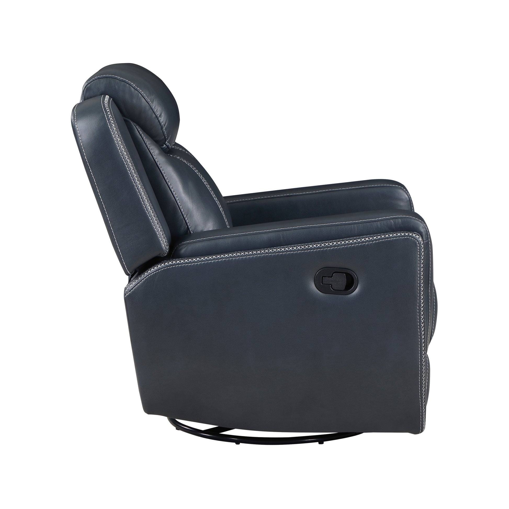 Dark gray recliner chair with white stitching and metal base