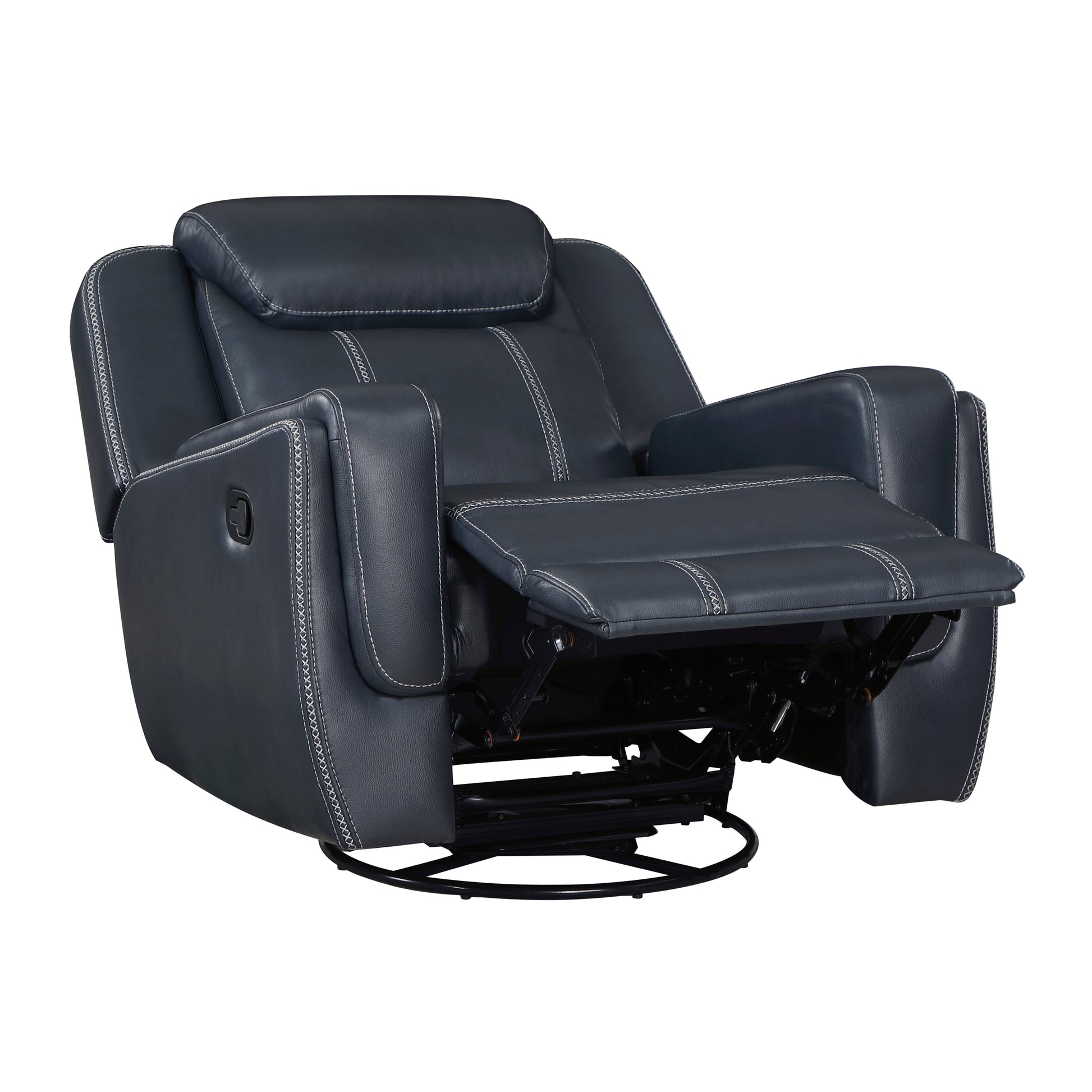 Dark blue leather recliner chair with white stitching and a metal base