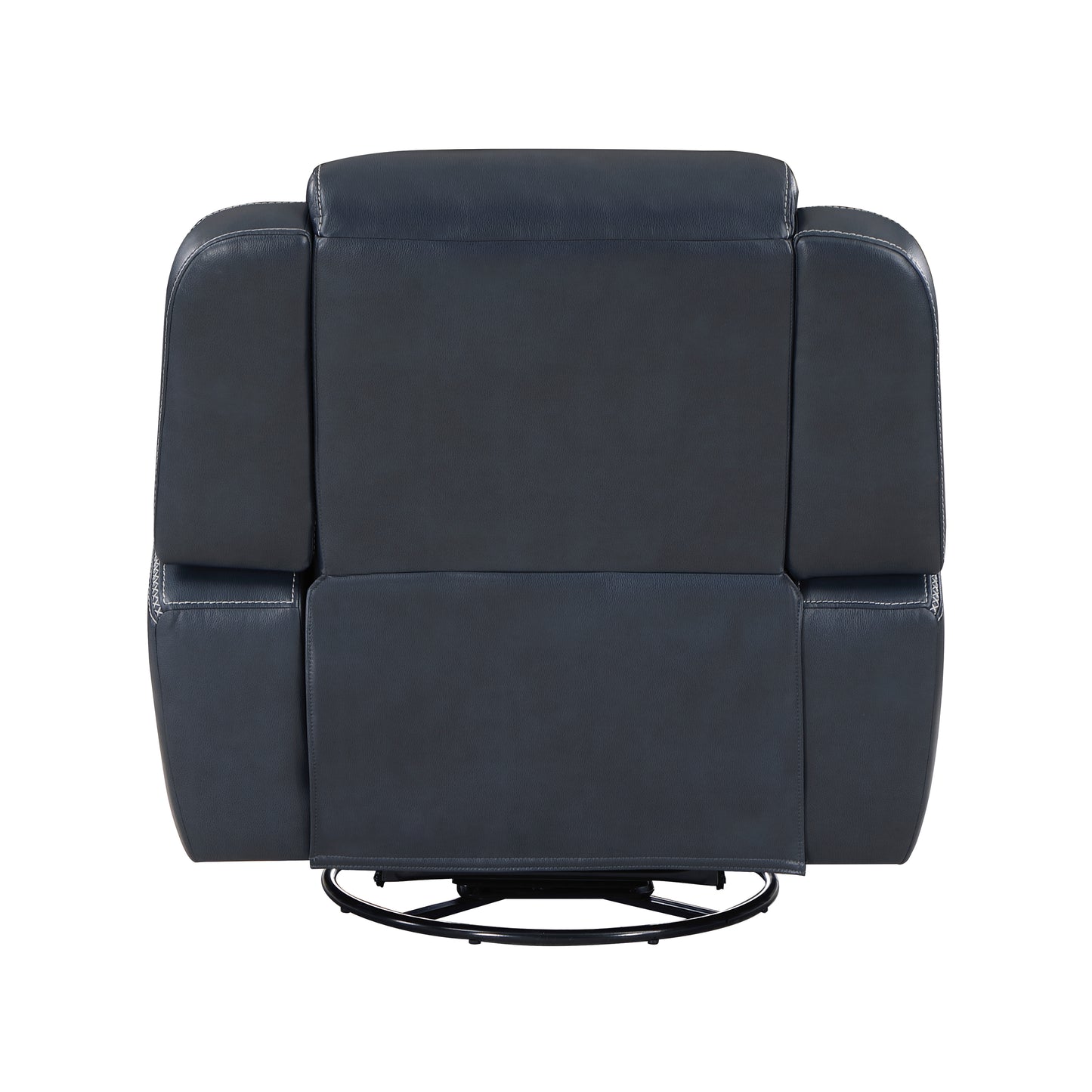 Dark grey leather recliner chair with white stitching detail and swivel base