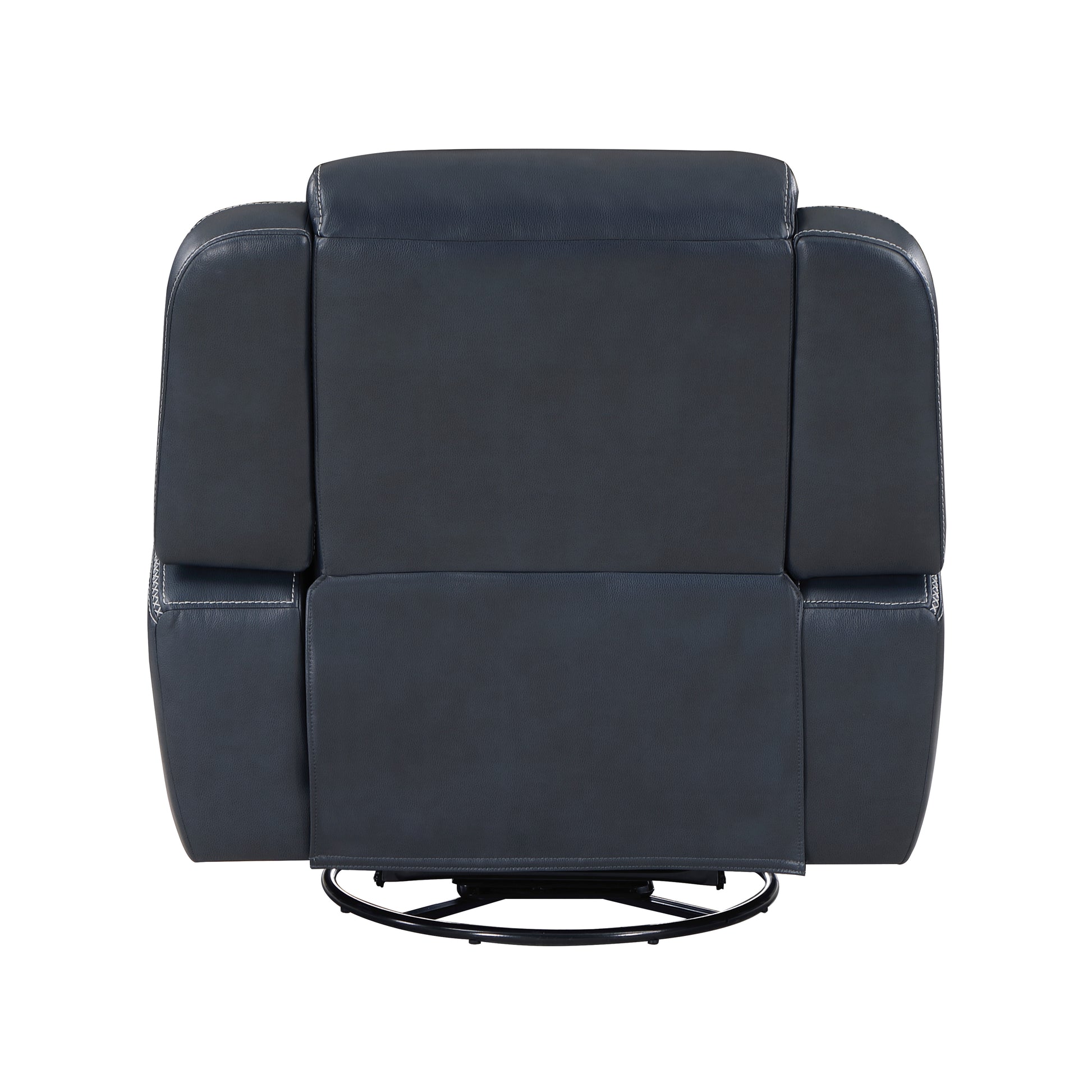 Dark grey leather recliner chair with white stitching detail and swivel base