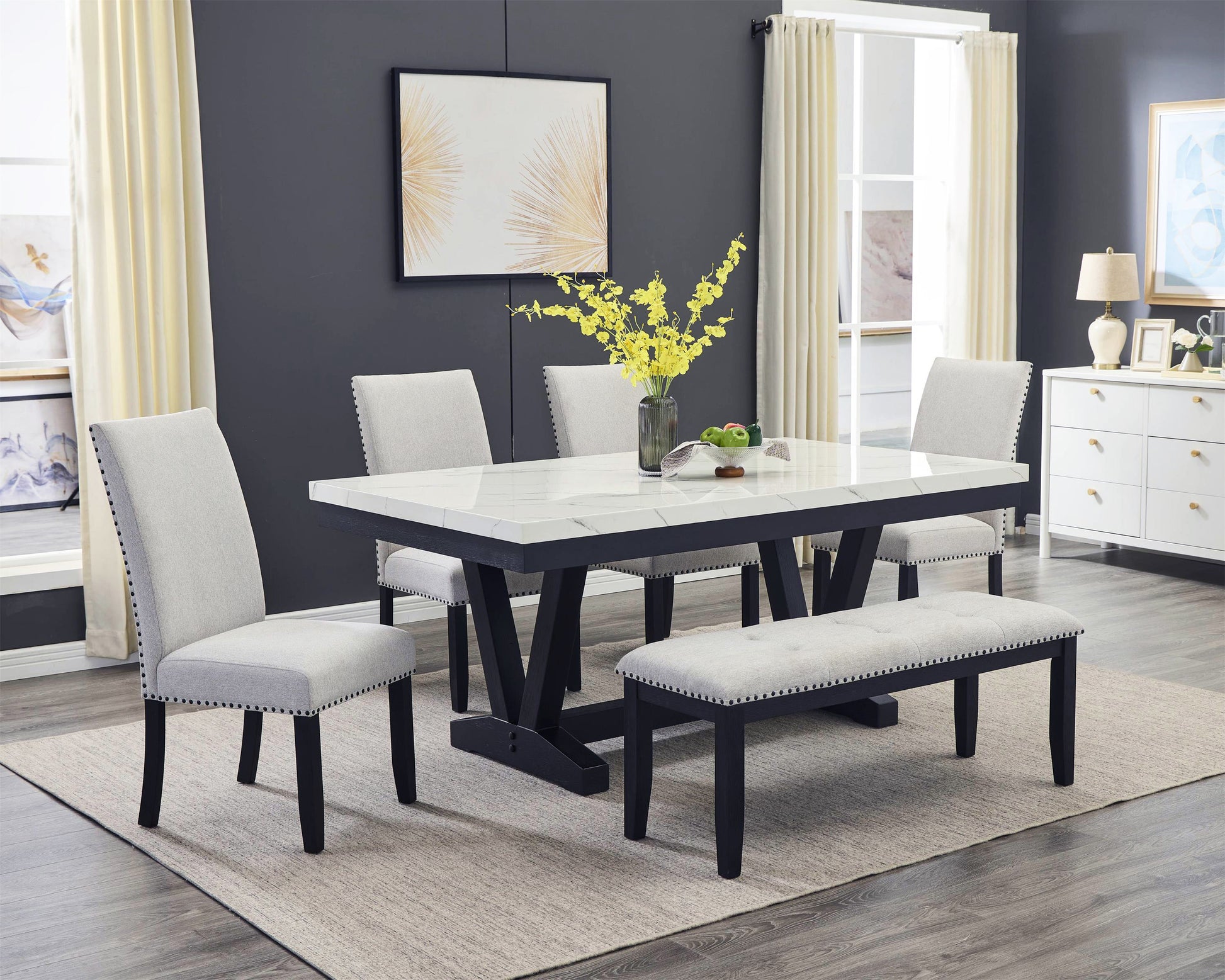 Marble top dining table set with upholstered chairs and bench