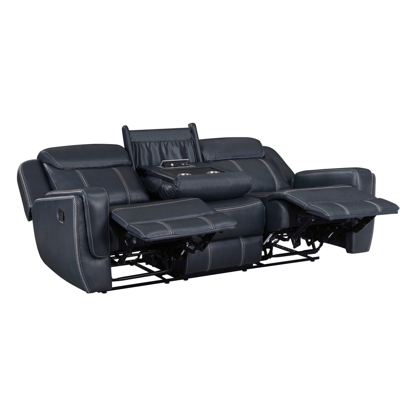 Dark gray leather reclining sofa with builtin cup holders and power outlets