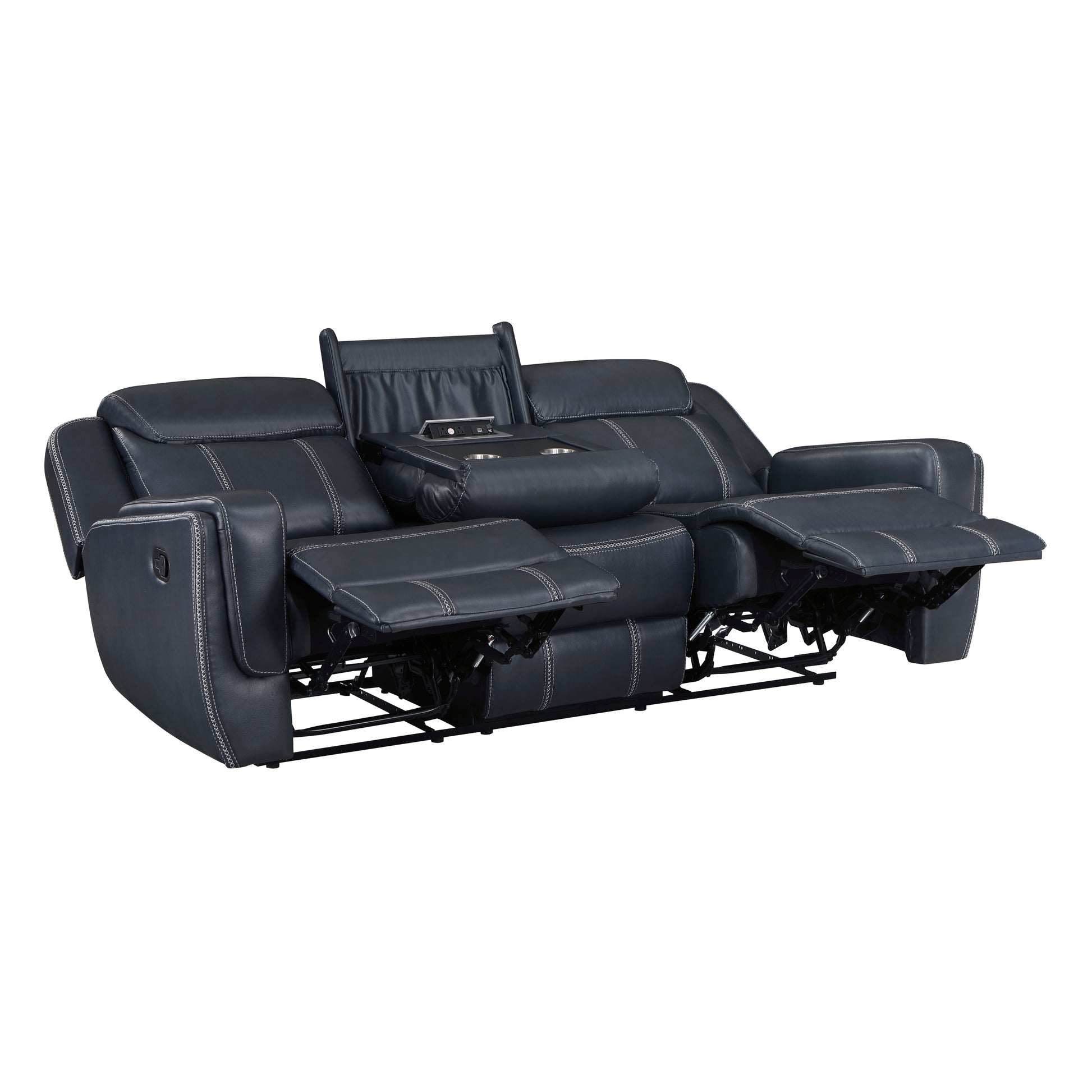 Dark gray leather reclining sofa with builtin cup holders and power outlets