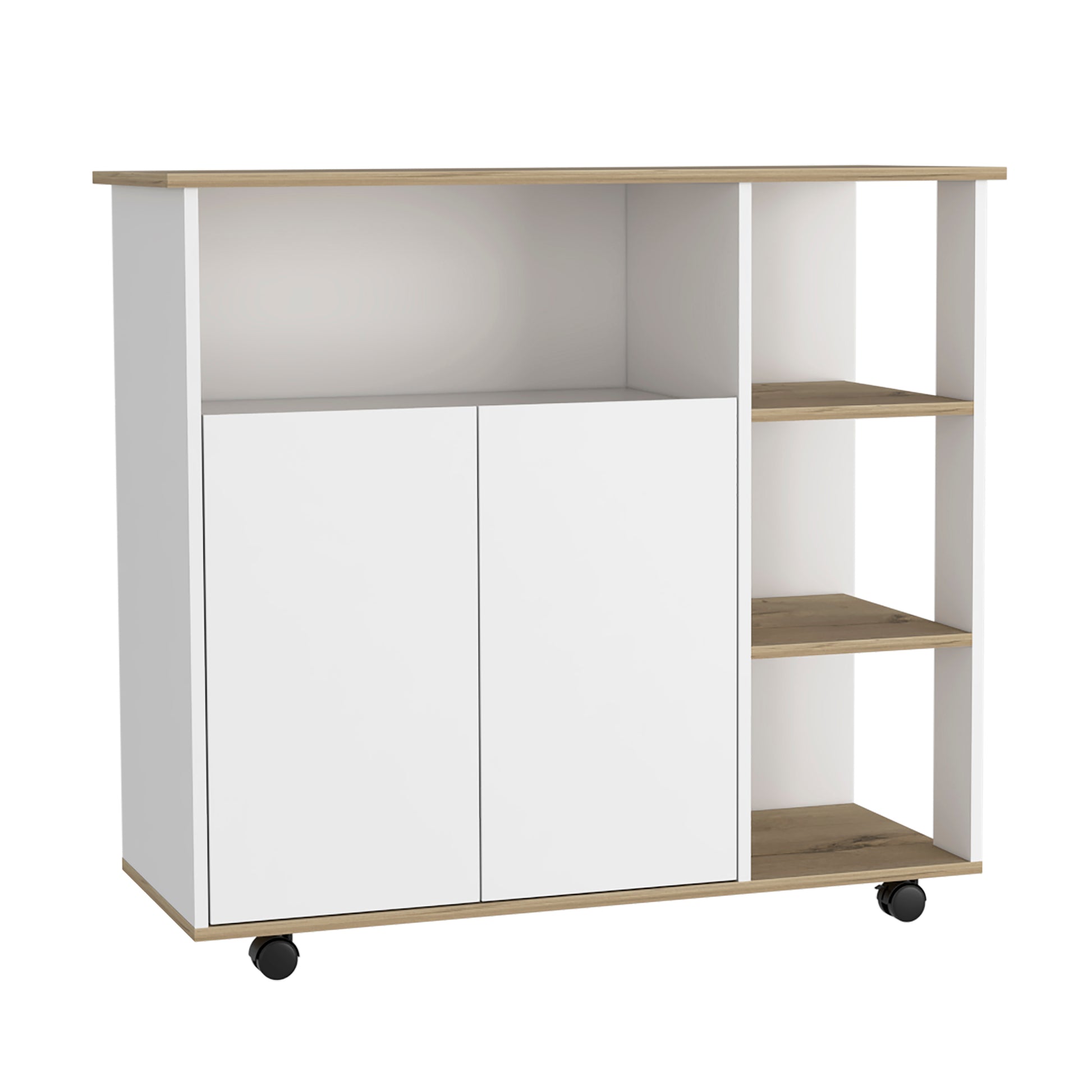 White and wood effect rolling storage cabinet with two doors and open shelves