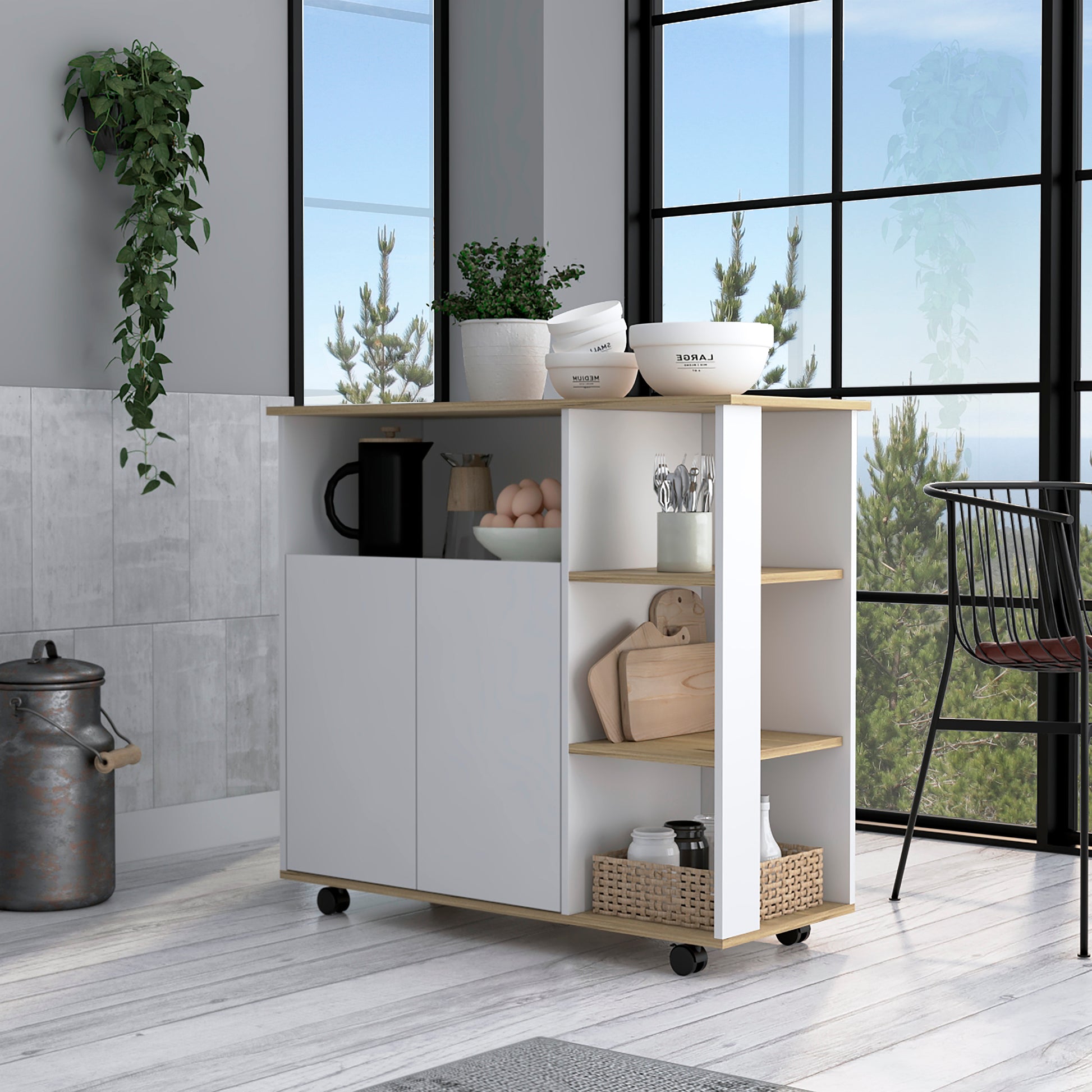 White modern kitchen island cart with oak accents and storage drawers