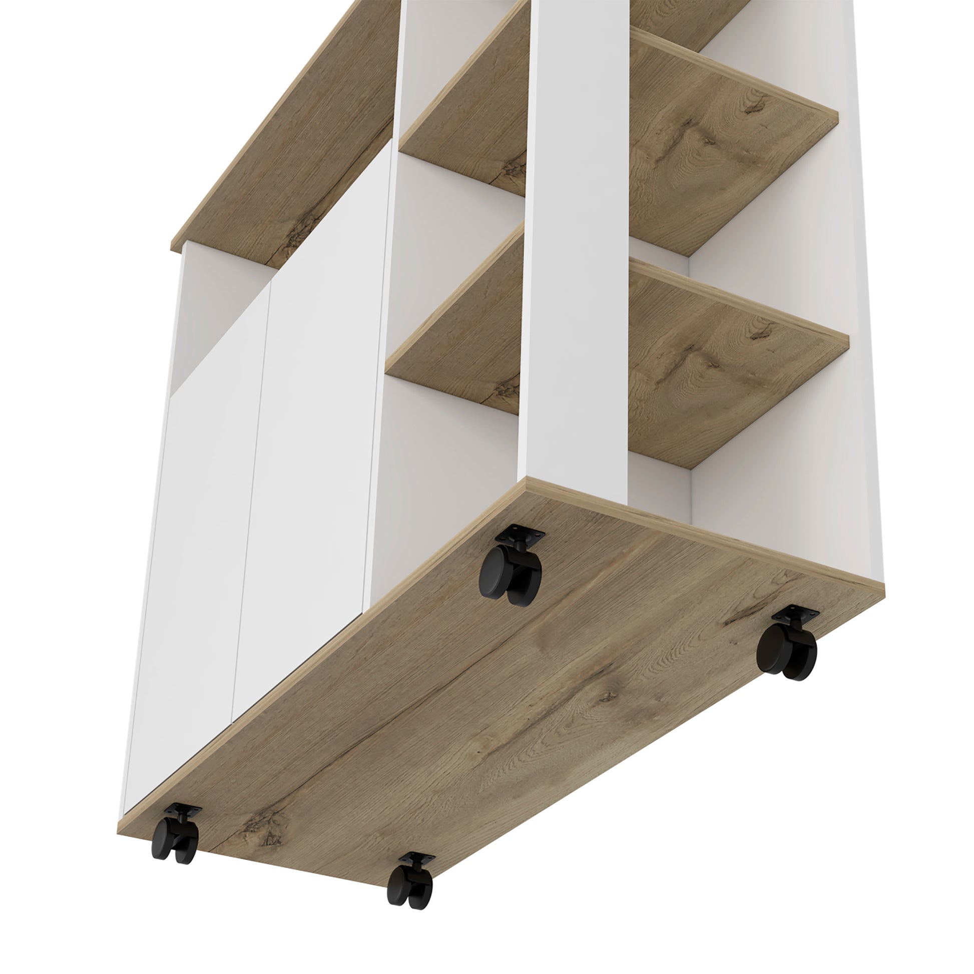 White and oak wood cabinet with casters