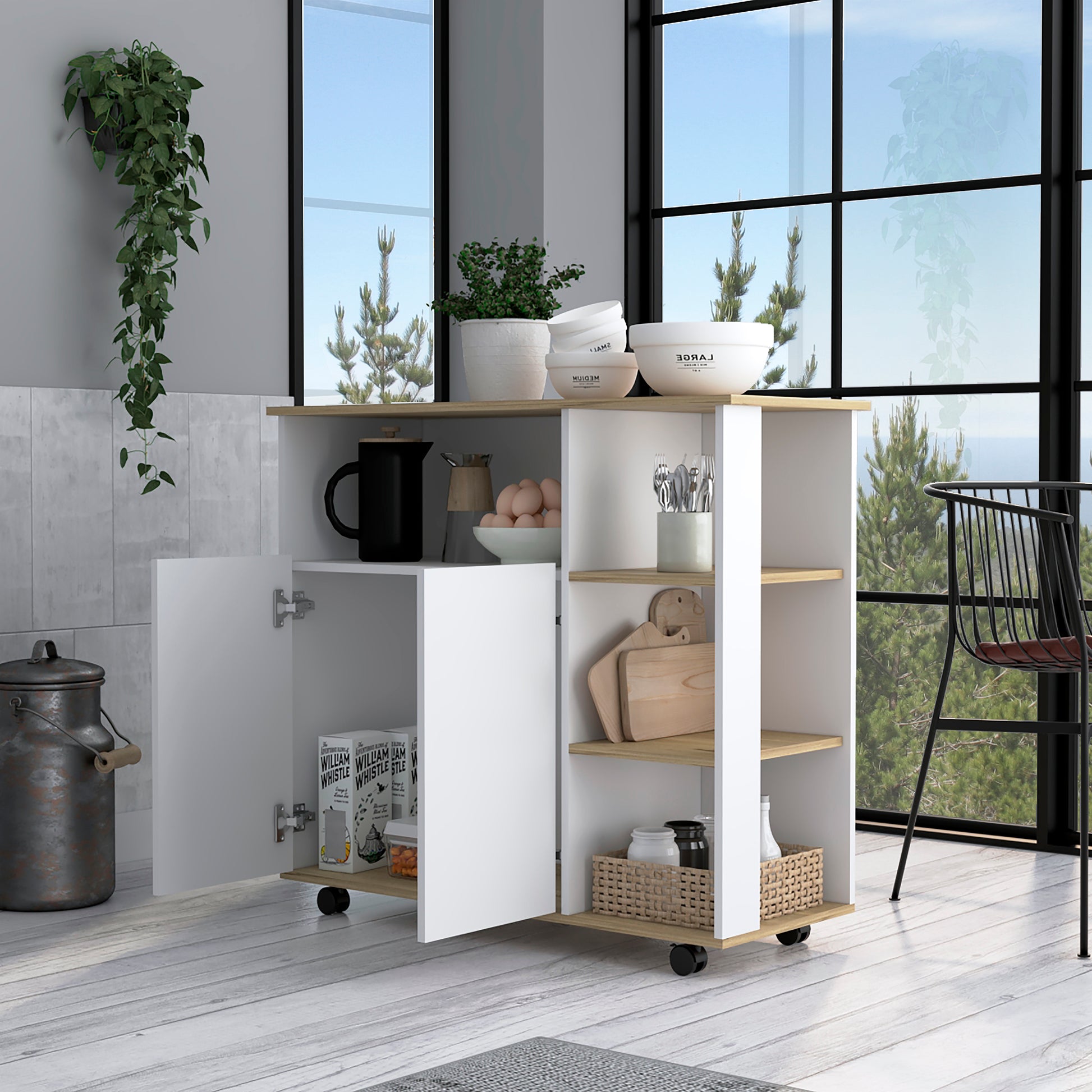 White and wood kitchen cart with open shelves and closed cabinets