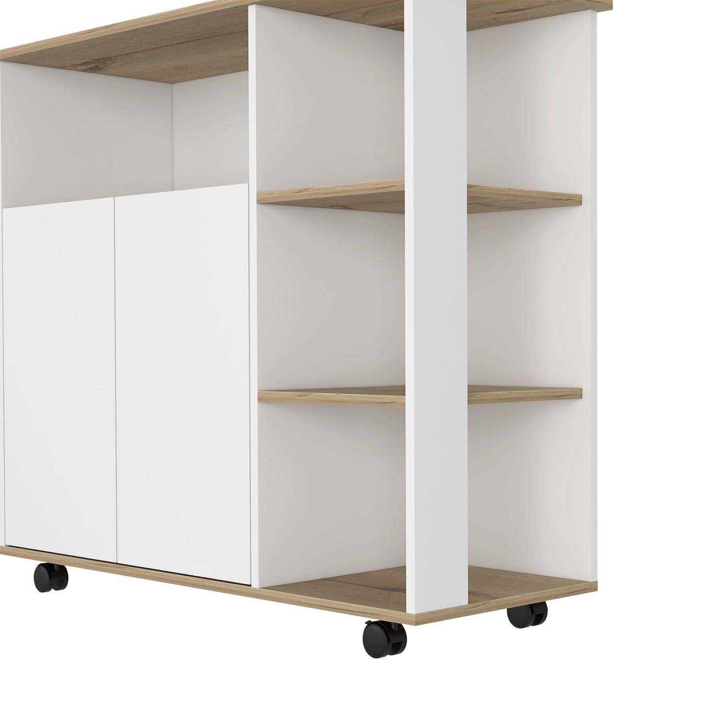 White and oak mobile storage unit with doors and open shelves