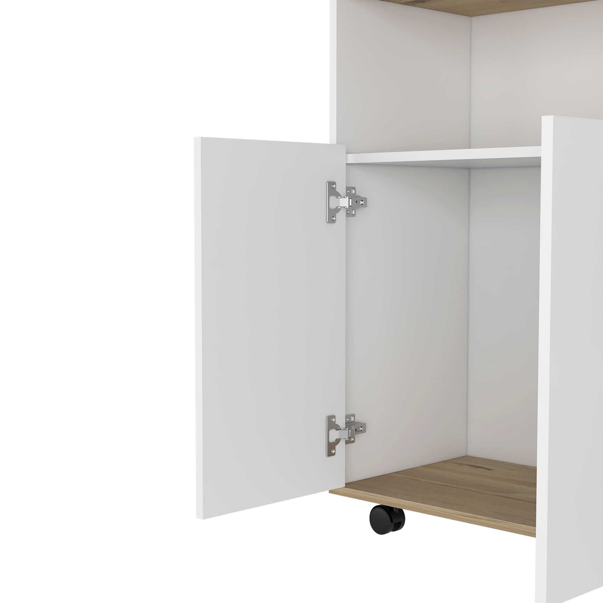 White cabinet with open door and wood grain shelf featuring wheels