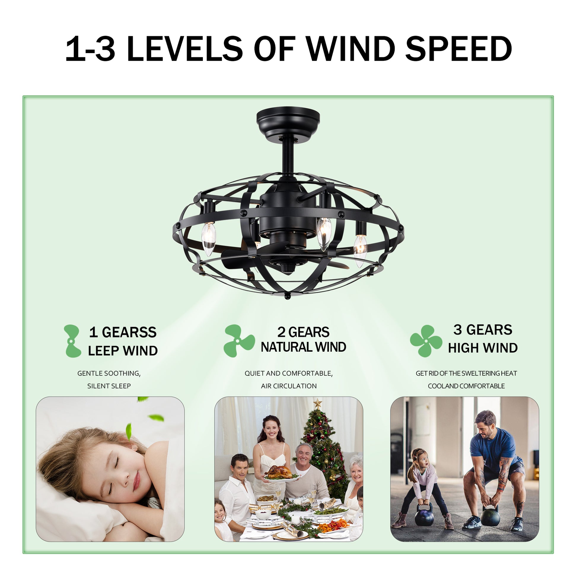 Black metal industrial cage ceiling fan with exposed bulbs and threespeed settings