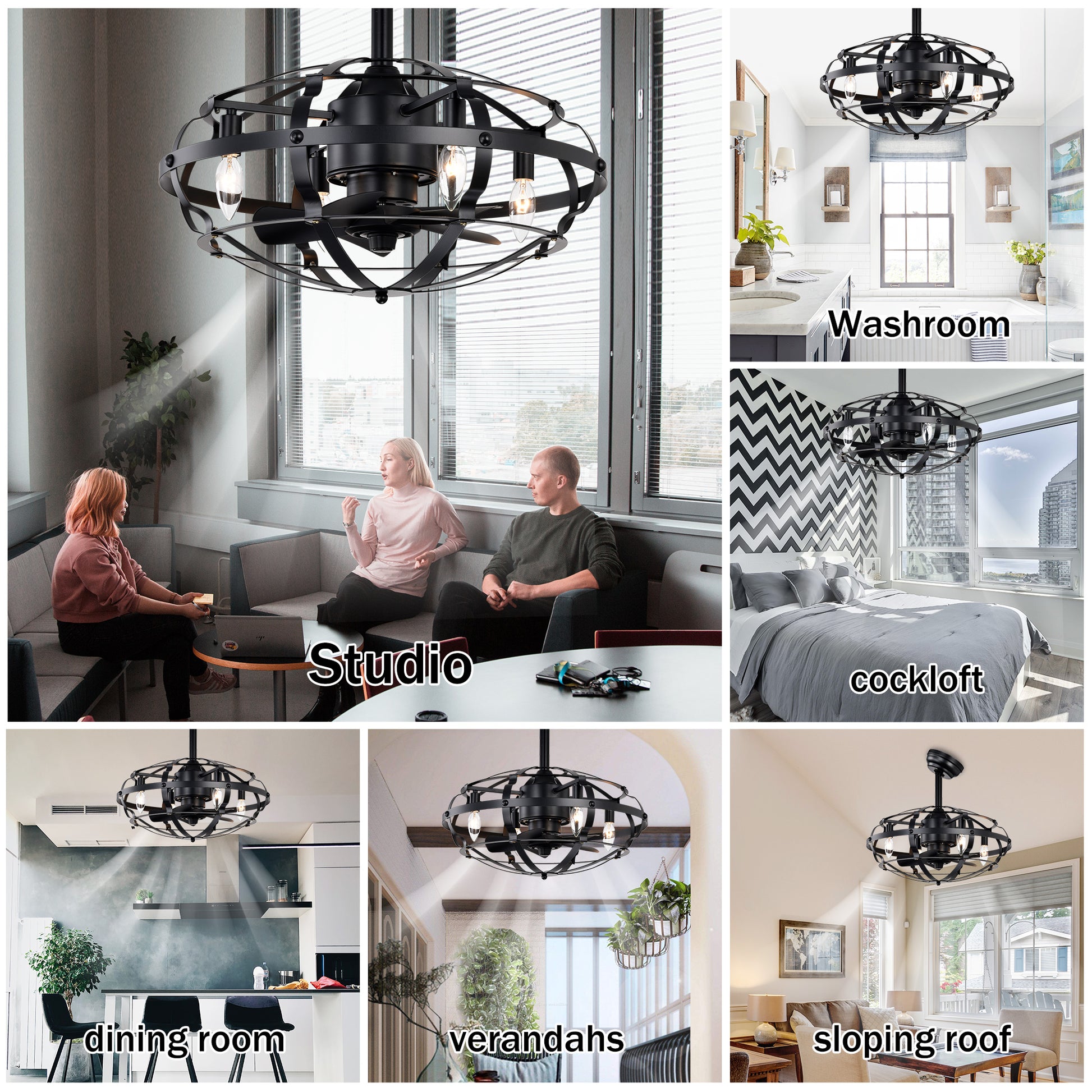 Industrial black metal cage ceiling fan with four exposed bulbs in a modern living room